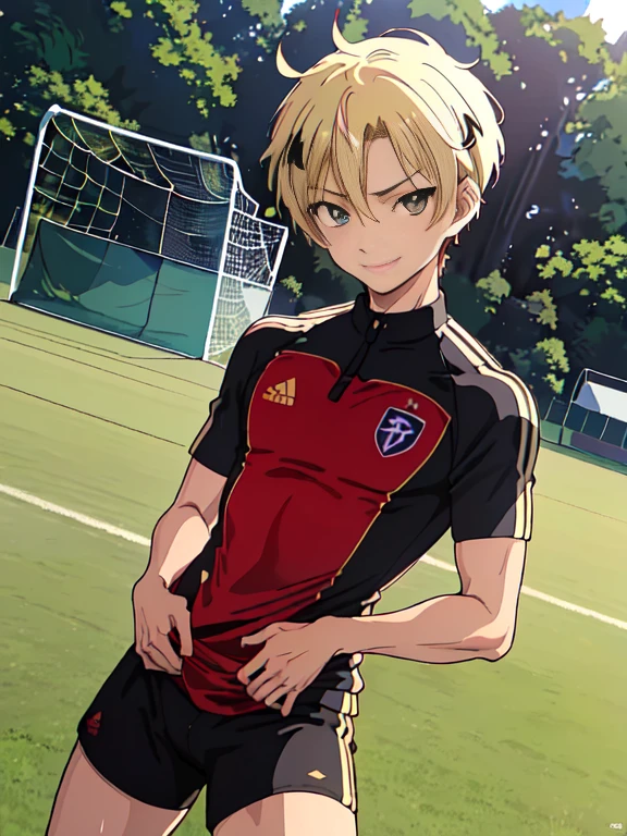 Official art,anime screen cap、superfine illustration、 hight resolution, masutepiece, best qualtiy,Best Quality,hightquality, detaileds,  (A little boy),12 years old, A young ace striker male idol with a super cute face,A boy as beautiful as Planding, cool smile, soccer spike, Long legs, thighs thighs thighs thighs, Foots, Bulge, (blonde  hair、short-haired:1.4)、 Shiny hair,  (tight shiny soccer uniform suit), (tight soccer shorts),  tussock, Cool pose, (厚いthighs thighs thighs thighs、Seduce your big ass to your crotch、(((soccer field in the park)))、((cocky、))、Smirk、showing butt、Ultra-fine painting, (Best Quality, 4K, 8K, hight resolution, masutepiece:1.2),(((Being aware of the sexual gaze of middle-aged gay men)))、Service Shots、 Show off your crotch、((detailedsな目:1.2))