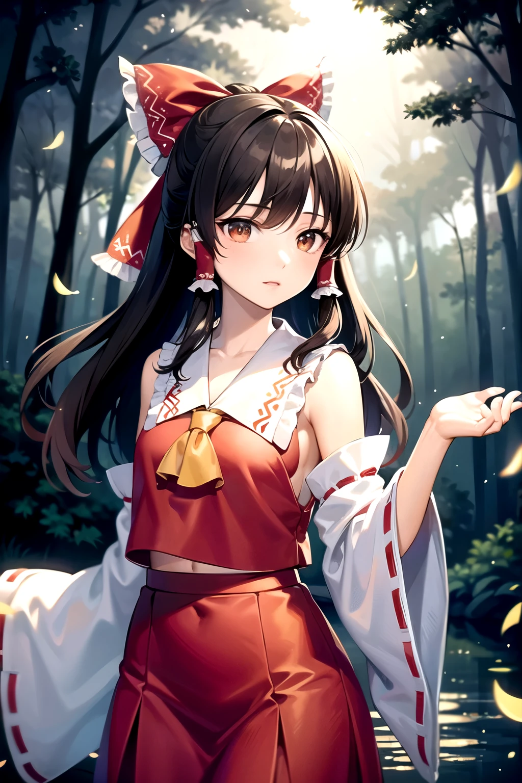 detailed background, masterpiece, best quality, 1girl, hakurei reimu, brown hair, hair tubes, hair ribbon, brown eyes, nontraditional miko, a forest full of purple and white trees, fireflies, water, purple theme, white theme, mystical, magical,