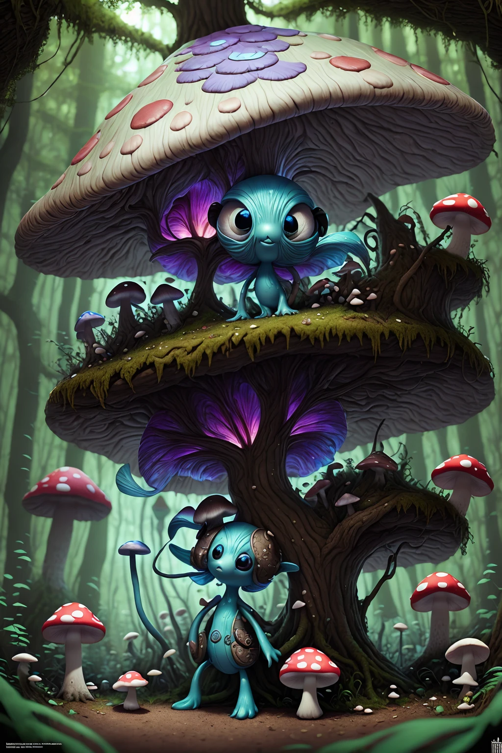 there is a small alien doll with a blue hair and a mushroom hat, cute forest creature, beeple and jeremiah ketner, adorable digital painting, hyperdetailed fantasy character, zbrush contest winner, cartoon creature, a hyper-detailed alien, zbrush central contest winner, cute detailed digital art, alien creature, fantasy matte painting，cute, fantasy creature