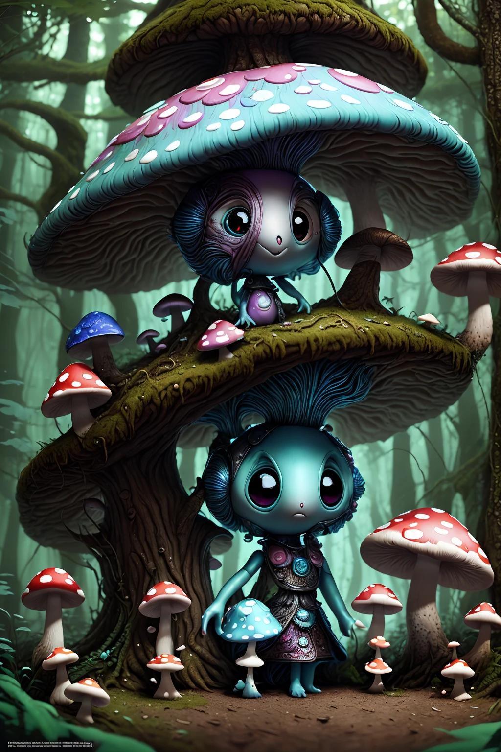 there is a small alien doll with a blue hair and a mushroom hat, cute forest creature, beeple and jeremiah ketner, adorable digital painting, hyperdetailed fantasy character, zbrush contest winner, cartoon creature, a hyper-detailed alien, zbrush central contest winner, cute detailed digital art, alien creature, fantasy matte painting，cute, fantasy creature