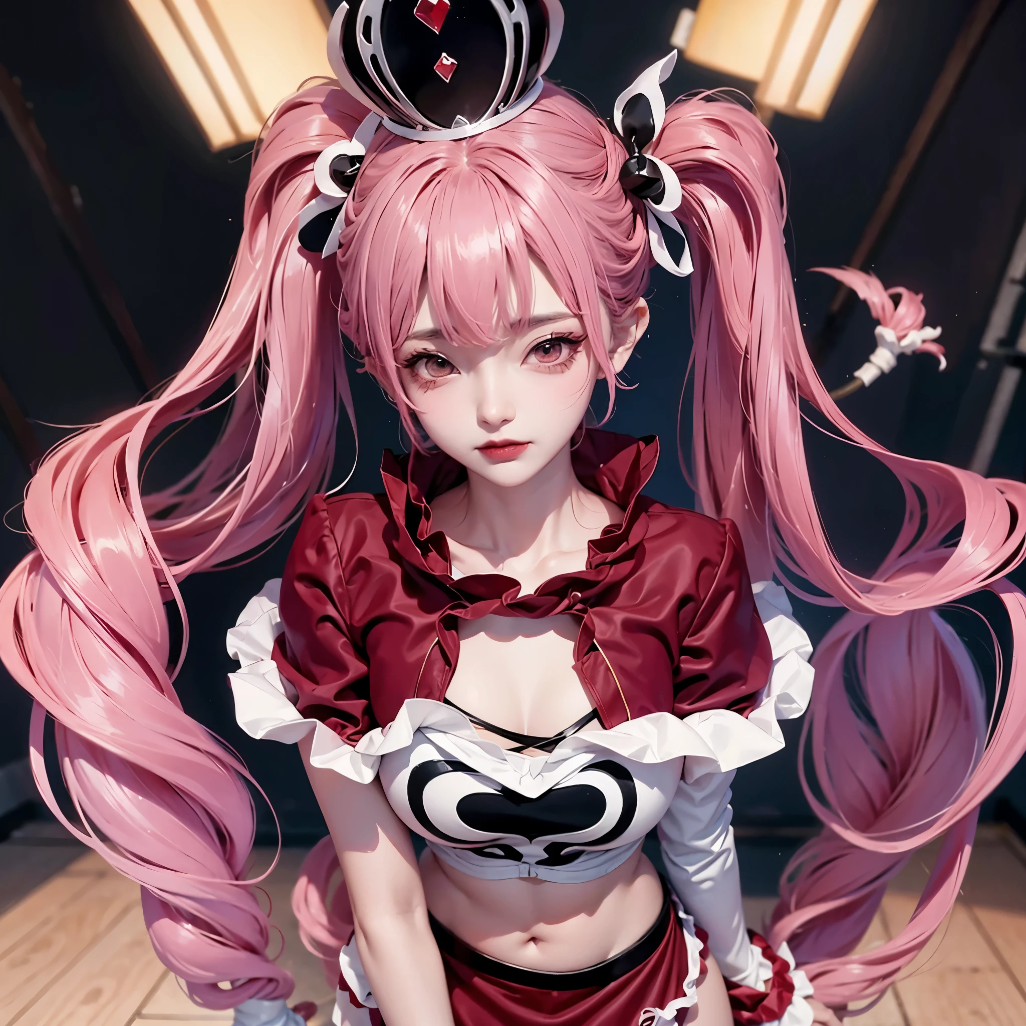 Perona Chen, 1 sister, with pink hair, 黑The eye, bluntbangs, Drill your hair, red lip stick, dual horsetail, diadems, black and white stockings, Red boots, red shawl, Sleeve white shirt, Red dress, septum, perfect anatomia, Alone, 1 sister and 1boy kabedon pov, hands on own chest