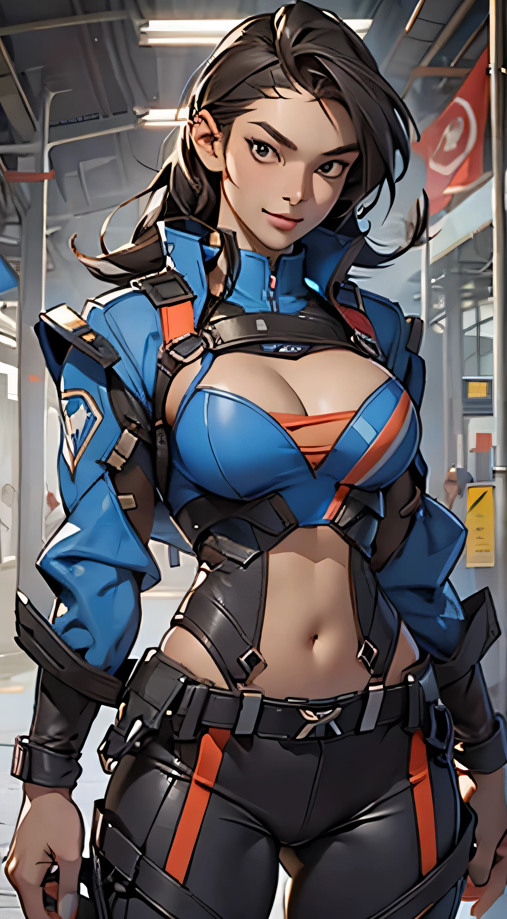11:23(((Best quality at best: 1.4))),(Unbeatable masterpiece), (hyper HD),(Hyper-realistic 8k CG)、(dark colored hair) ((( body))), (((1 girl in))), 25-year-old American soldier with perfect body,,Beautiful and well-groomed face,muscular body:1.2,Solid royal blue jacket with details, (Pictures from head to thighs), Complex equipment, royal blue,long trousers,The clothes inside are dark,Clothes with armored metal electronic parts, Poison tattoos )