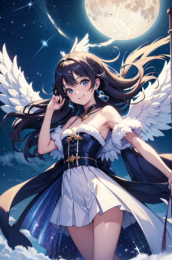 {{{{8K, Concept Art: 2.0, Clarity, Top Quality, Absurdity,
Perfect anatomy, highly detailed CG, official art}}}},
(((One beautiful girl is an angel))), lens flare, portrait,
(Beautiful highlights, caustics, shiny eyes: 1.5, solo),
, long hair: 1.5,
(petite, standing, movie pose, big gift box,)
(Big angel wings: 1.5),((windy, happy, joking smile))
((fluffy costume)),
Night sky (clouds, altocumulus, cirrocumulus: 1.28),
(Night: 1.2, midnight, full moon, moonlight, shooting star, starlight, winter, Christmas, white Christmas, snow,),
dynamic angle, wide shot, front of view, skyscraper,
(Blue Archive Style: 1.3, Reveal: 1.3)