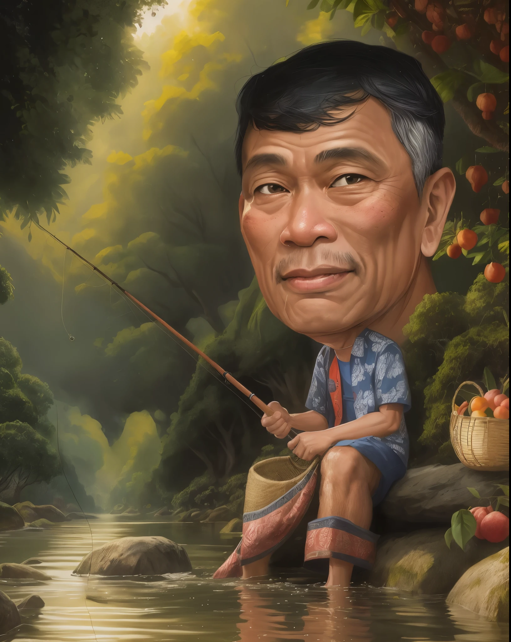 cartoon of a man fishing in a river with a basket of fruit, 55 year old man fishing, wearing typical Indonesian batik clothes, smiling happily, in a very beautiful paradise river, inspired by Bohumil Kubista, tithi luadthong, caricature illustration, inspired by Ding Guanpeng, inspired by Ruth Jên, fanart, cartoon digital painting, riverside, rodrigo duterte, traditional art, detailed portrait, thawan duchanee