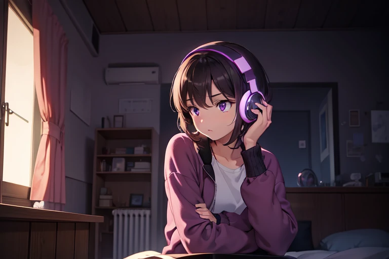 Best quality, Masterpiece, Girl listening to music in cozy room at night, wear piyama, brown short hair, purple eyes, 4K, Use headphones, 2D style anime, Lo Fi, dark environment, sitting on a bed