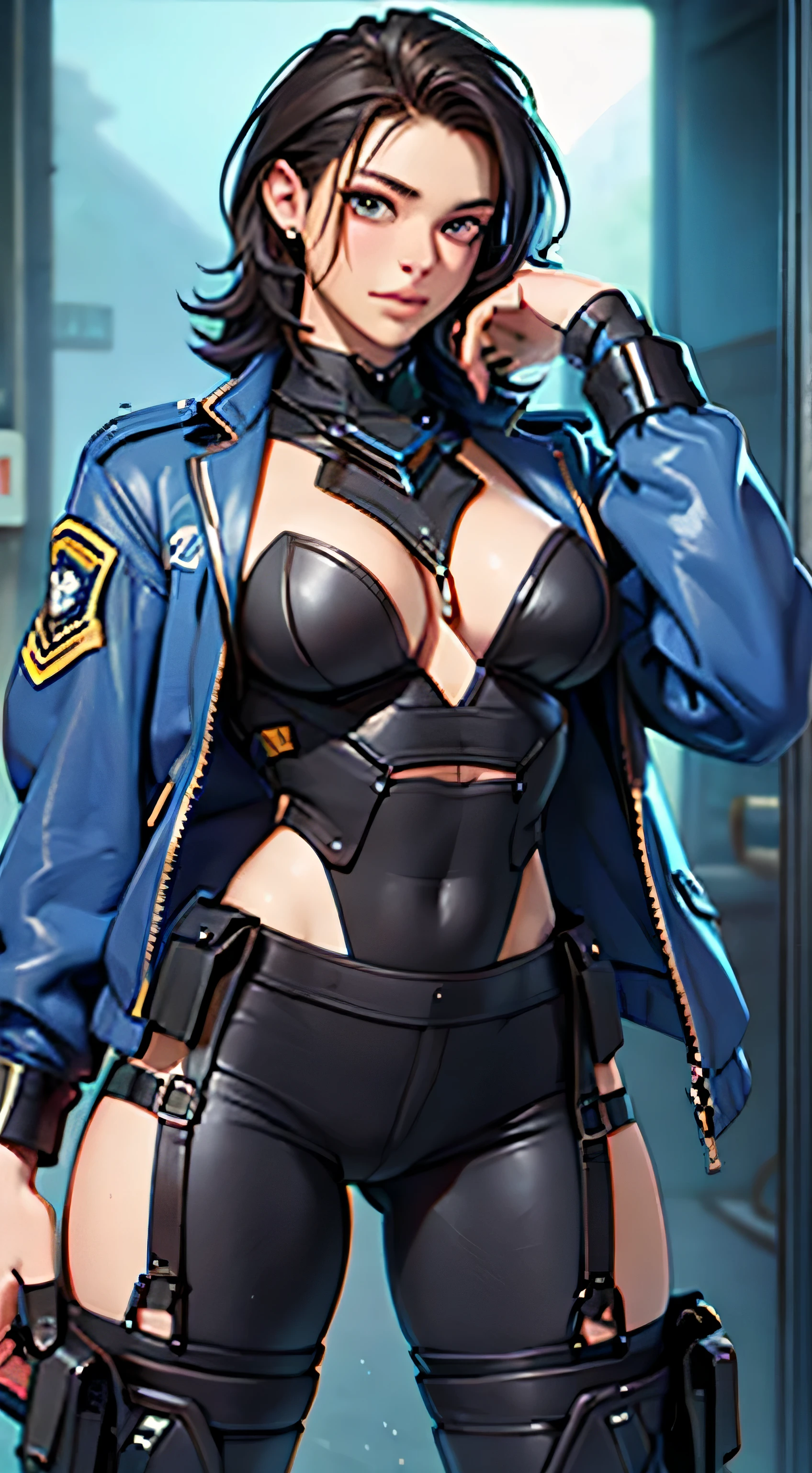 11:23(((Best quality at best: 1.4))),(Unbeatable masterpiece), (hyper HD),(Hyper-realistic 8k CG)、（dark colored hair） ((( body))), (((1 girl in))), 25-year-old American soldier with perfect body,,Beautiful and well-groomed face,muscular body:1.2,Solid royal blue jacket with details, (Pictures from head to thighs)， Complex equipment, royal blue，long trousers，The clothes inside are dark，Clothes with armored metal electronic parts, Poison tattoos )