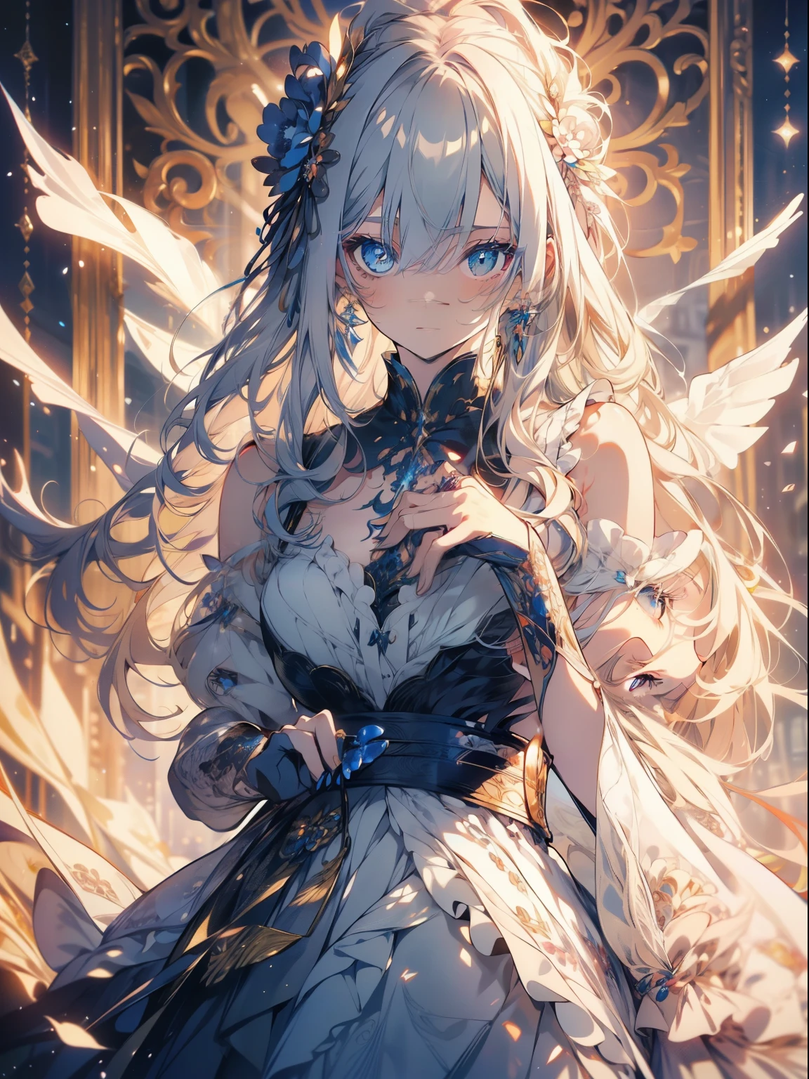 Official art, ヨーロッパの​masterpiece女性,, pale silver hair , Dark blue eyes, (​masterpiece、top-quality、hight resolution: 1.4),in 8K, Anime Art Nouveau, highly detailed exquisite fanart, anime fantasy illustration, clean detailed anime art, detailed anime art, sharp focus of person, Delicate Beautiful Hair and Eyes and Face, realisitic, ultra-detailliert, Flower Garden,((Delicate, detailed and cute hands)),((elegant shiny dress)),((Lots of races)),((lots of ruffles)),((lots of ribbons))
