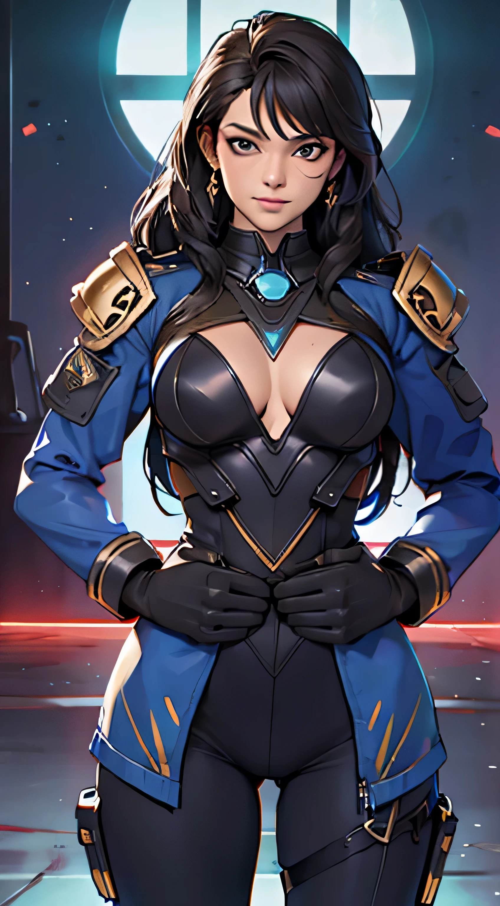 11:23(((Best quality at best: 1.4))),(Unbeatable masterpiece), (hyper HD),(Hyper-realistic 8k CG)、（dark colored hair） ((( body))), (((1 girl in))), 25-year-old American soldier with perfect body,,Beautiful and well-groomed face,muscular body:1.2,Solid royal blue jacket with details, (Pictures from head to thighs)， Complex equipment, royal blue，long trousers，The clothes inside are dark，Clothes with armored metal electronic parts, Poison tattoos )