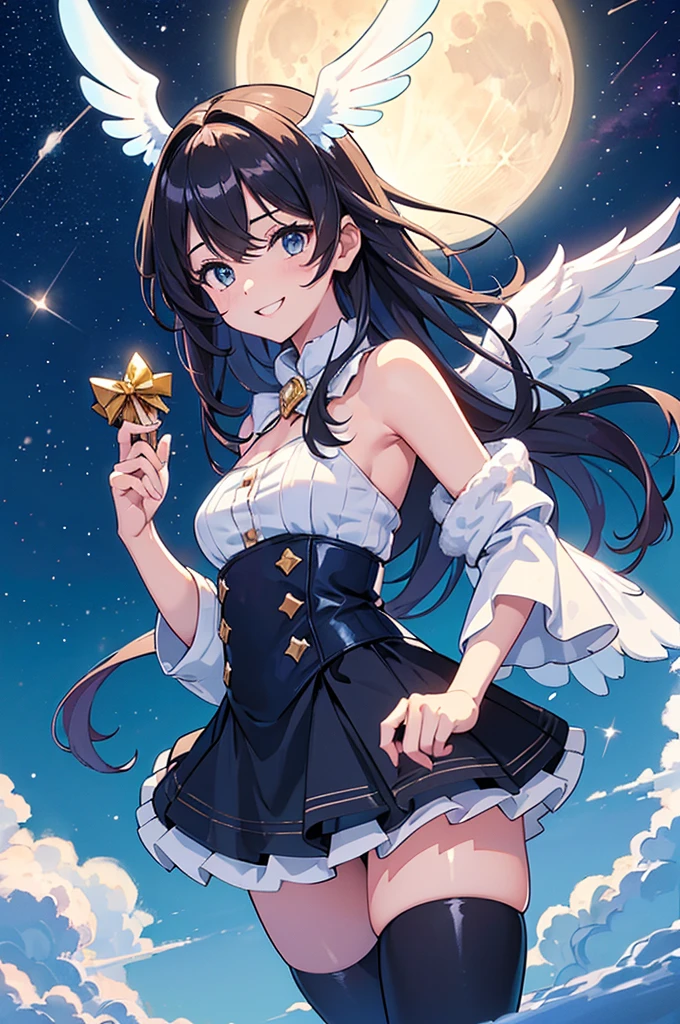 {{{{8K, Concept Art: 2.0, Clarity, Top Quality, Absurdity,
Perfect anatomy, highly detailed CG, official art}}}},
(((One beautiful girl is an angel))), lens flare, portrait,
(Beautiful highlights, caustics, shiny eyes: 1.5, solo),
, long hair: 1.5,
(petite, standing, movie pose, big gift box,)
(Big angel wings: 1.5),((windy, happy, joking smile))
((fluffy costume)),
Night sky (clouds, altocumulus, cirrocumulus: 1.28),
(Night: 1.2, midnight, full moon, moonlight, shooting star, starlight, winter, Christmas, white Christmas, snow,),
dynamic angle, wide shot, front of view, skyscraper,
(Blue Archive Style: 1.3, Reveal: 1.3)