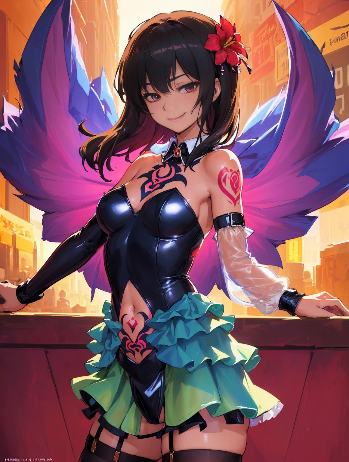(Illustration:1.2), (Extremely detailed:1.2), (Highly detailed:1.2), (Best Quality:1.2), (masutepiece:1.2), (Extremely detailed 8K wallpaper:1.2), (hight resolution:1.3), (Semi-realistic:1.1), (Photorealistic:1.1), (Portraits:1.3), Anime, comic strip, NSFW, (Volumetric lighting:1.2), (Cinematic lighting:1.2), (Upper body:1.4), (From Side:1.2), , (1 grill:1.4), (Solo:1.4), (medium breasts:1.1), Jennie, Kpop Idol, (no pupils:1.2), (Empty eyes:1.2), (Half-closed eyes:1.3), wide hips, thick thighs, (Thigh gap:1.2), Big butt, (Shaved, (tattoo on crotch:1.3), (tattoo on underbelly:1.3), (Navel:1.1), (Bare shoulders:1.1), (Evil smile:1.3), (Hair Flower:1.2), (Standing:1.3), (corruption:1.2), Detached sleeves, Collar, Leotard, Latex, (Miniskirt:1.4), (pettiskirt:1.4), (layered dress:1.4), petticoat, garter strap, legwear very, high heels stockings:1.4), bow ribbon, Harnes, (see-through Leotard:1.4), chest jewel, side cutout, waist cutout, Navel cutout, stomach cutout, (Street:1.3), Detailed background, look at viewr,