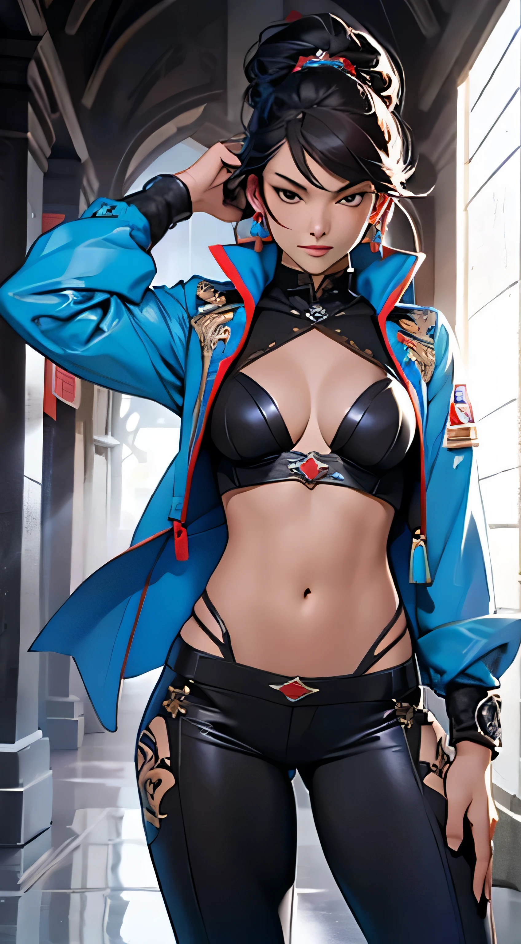 11:23(((Best quality at best: 1.4))),(Unbeatable masterpiece), (hyper HD),(Hyper-realistic 8k CG)、(dark colored hair) ((( body))), (((1 girl in))), 25-year-old American soldier with perfect body,,Beautiful and well-groomed face,muscular body:1.2,Solid royal blue jacket with details, (Pictures from head to thighs), Complex equipment, royal blue,long trousers,The clothes inside are dark,Clothes with armored metal electronic parts, Poison tattoos )