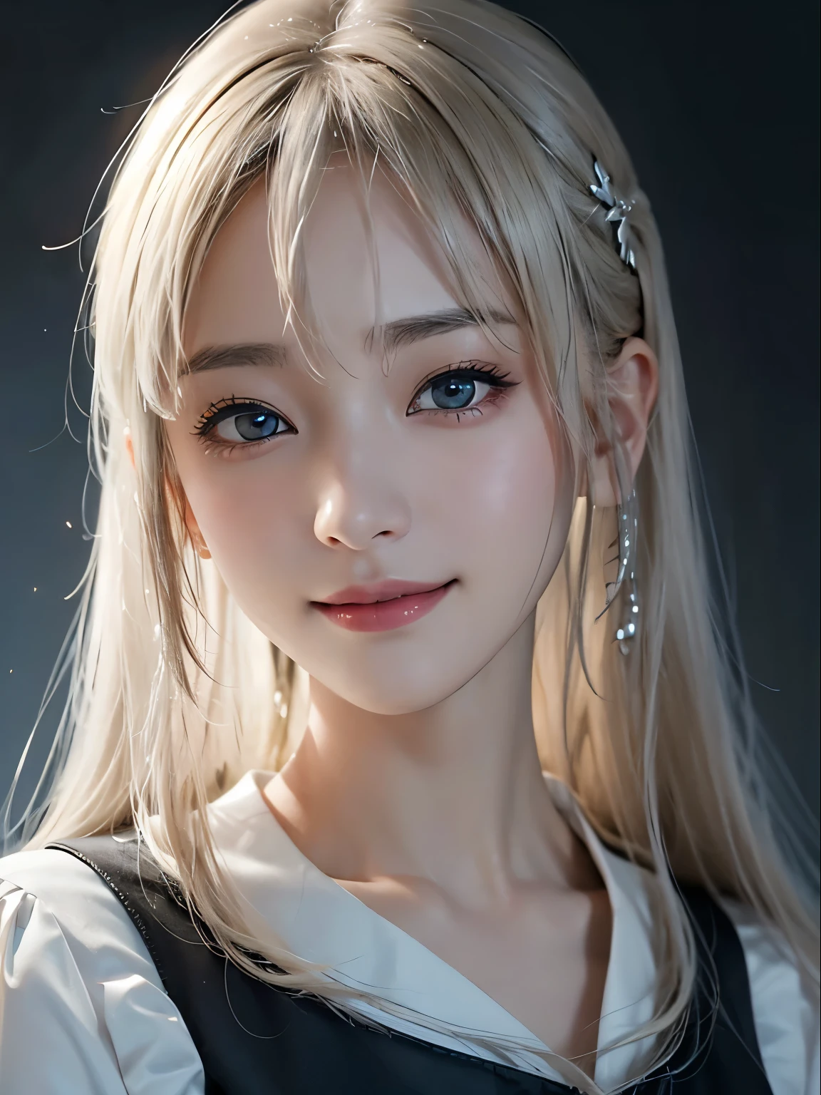 浅笑、natta、Raw photography、(((Portrait of extreme beauty)))、((glistning skin))、女の子1人、11 years old beautiful girl in Prague、platinum blonde hair with black eyelights))、[Black eyes]、Glossy glossy skin、Black eyes、Silky long straight hair、eye liner、Long bangs、The hair between the eyes is hanging down、((​masterpiece、最hightquality、ultra-detailliert、Film Light、Smiling smile、intricate-detail、hight resolution、8K、ighly detailed))、细致背景、8K UHD、Digital SLR、Soft light、hightquality、Film grain、FujifilmXT3 、Shallow depth of field、natural soft light、（No hands）、Kamimei、Sareme、