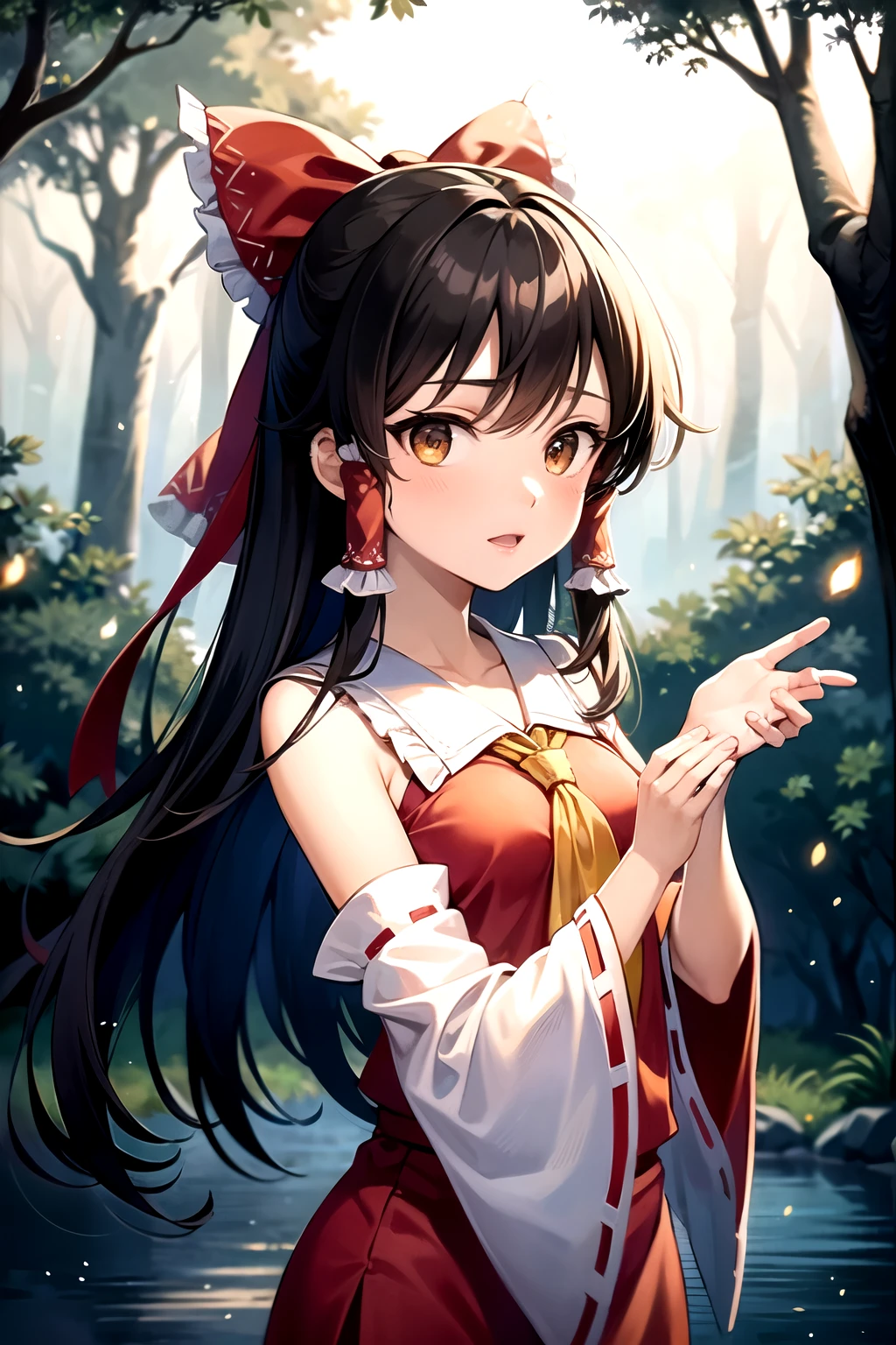 detailed background, masterpiece, best quality, 1girl, hakurei reimu, brown hair, hair tubes, hair ribbon, brown eyes, nontraditional miko, a forest full of purple and white trees, fireflies, water, purple theme, white theme, mystical, magical,