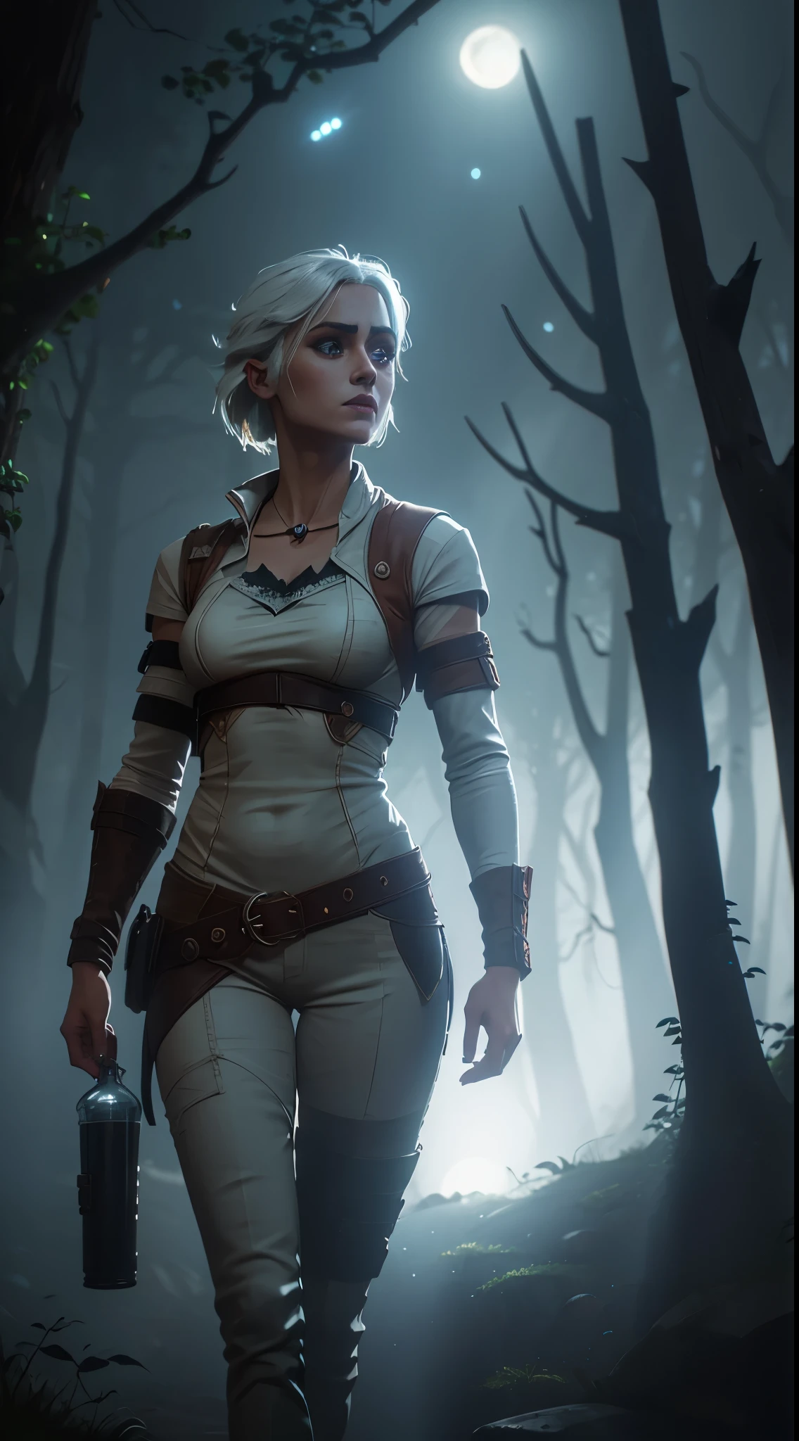 A half body shoot of ciri wearing a white top and a leather pants holding a jar of firefly in front of a dusty forest background in the style of Witcher, night view, moonlight, firefly flying in forest,