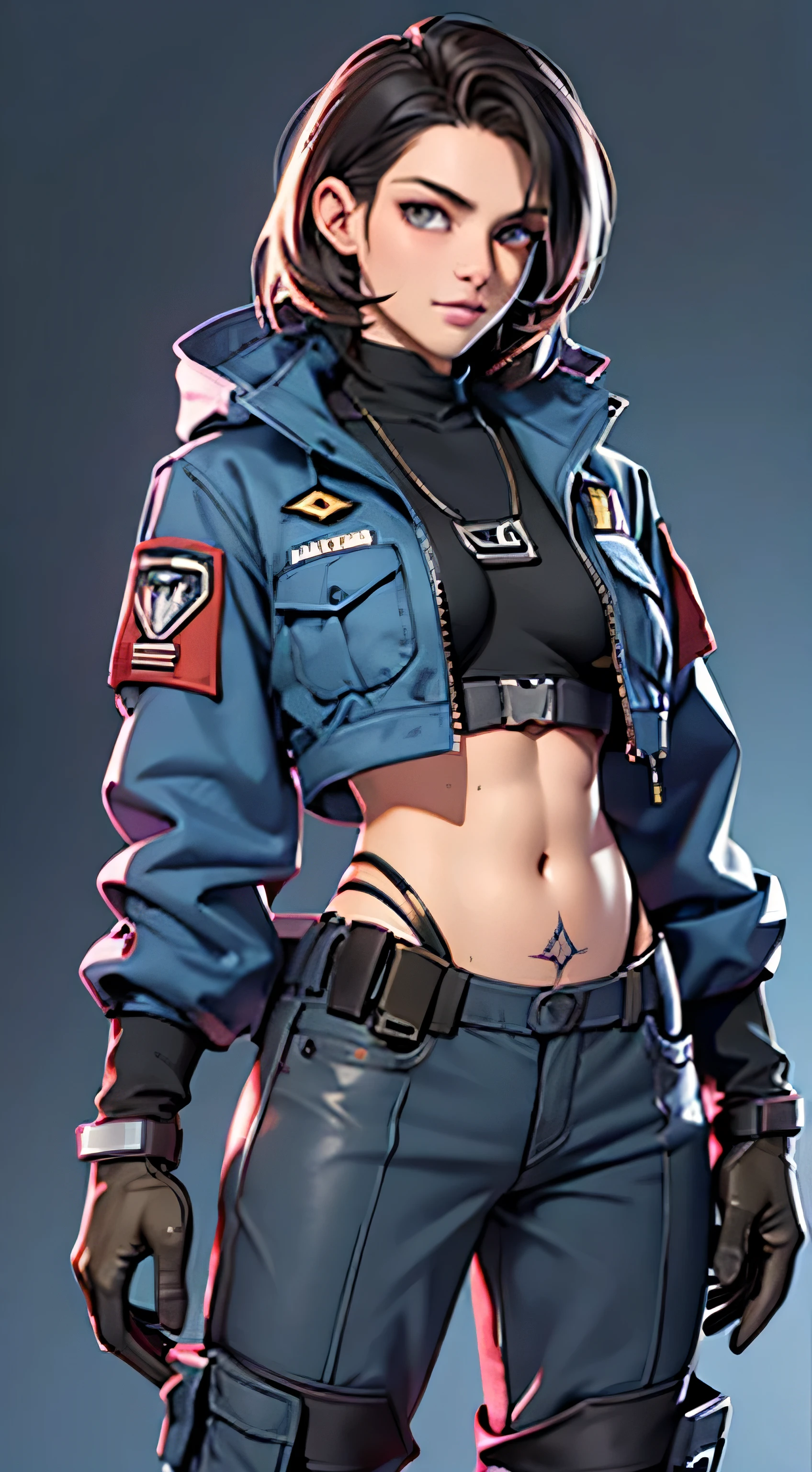 11:23(((Best quality: 1.4))),(Unbeatable masterpiece), (hyper HD),(Hyper-realistic 8k CG)、(dark colored hair) ((( body))), (((1 girl in))), 25-year-old American soldier with perfect body,,Beautiful and well groomed face,muscular body:1.2,Solid royal blue jacket with details, (Pictures from head to thighs), Complex equipment, royal blue,long trousers,The clothes inside are dark,Clothes with armored metal electronic parts, Poison tattoos )