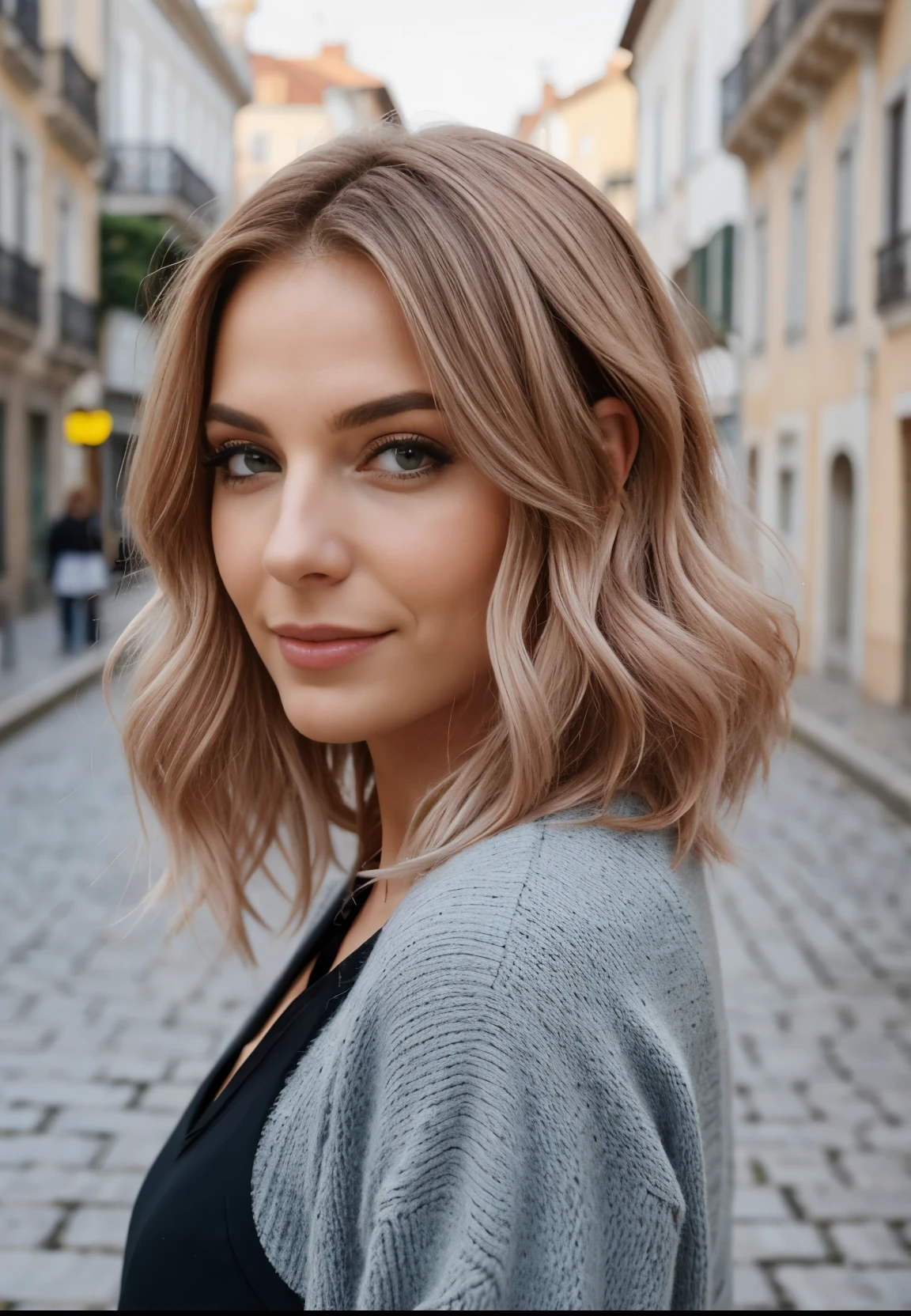 __hair color__, mulher Europeia, longos cabelos, fundo da cidade de Lisboa, inverno, profissional, 4K, HD, UHD, 8K, alto detalhe, Ultra Definition