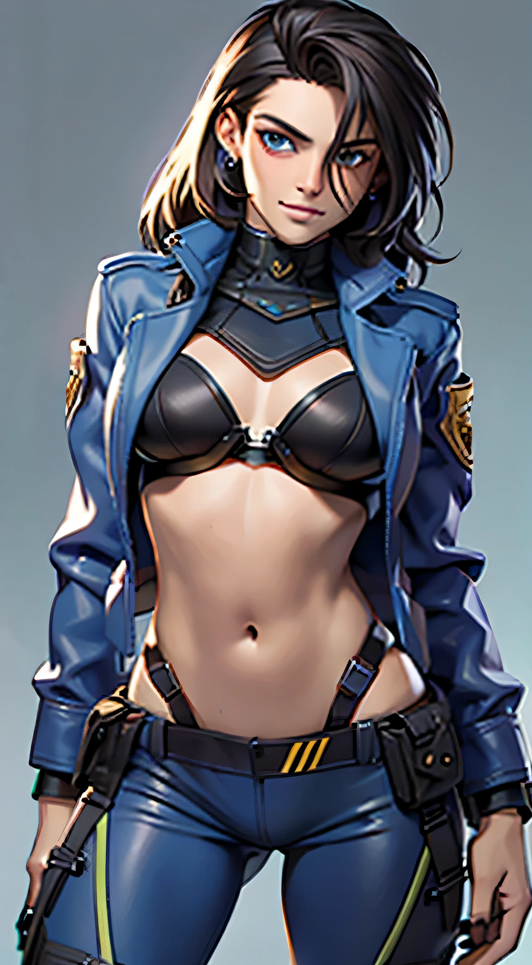 11:23(((Best quality: 1.4))),(Unbeatable masterpiece), (hyper HD),(Hyper-realistic 8k CG)、(dark colored hair) ((( body))), (((1 girl in))), 25-year-old American soldier with perfect body,,Beautiful and well groomed face,muscular body:1.2,Solid royal blue jacket with details, (Pictures from head to thighs), Complex equipment, royal blue,long trousers,The clothes inside are dark,Clothes with armored metal electronic parts, Poison tattoos )