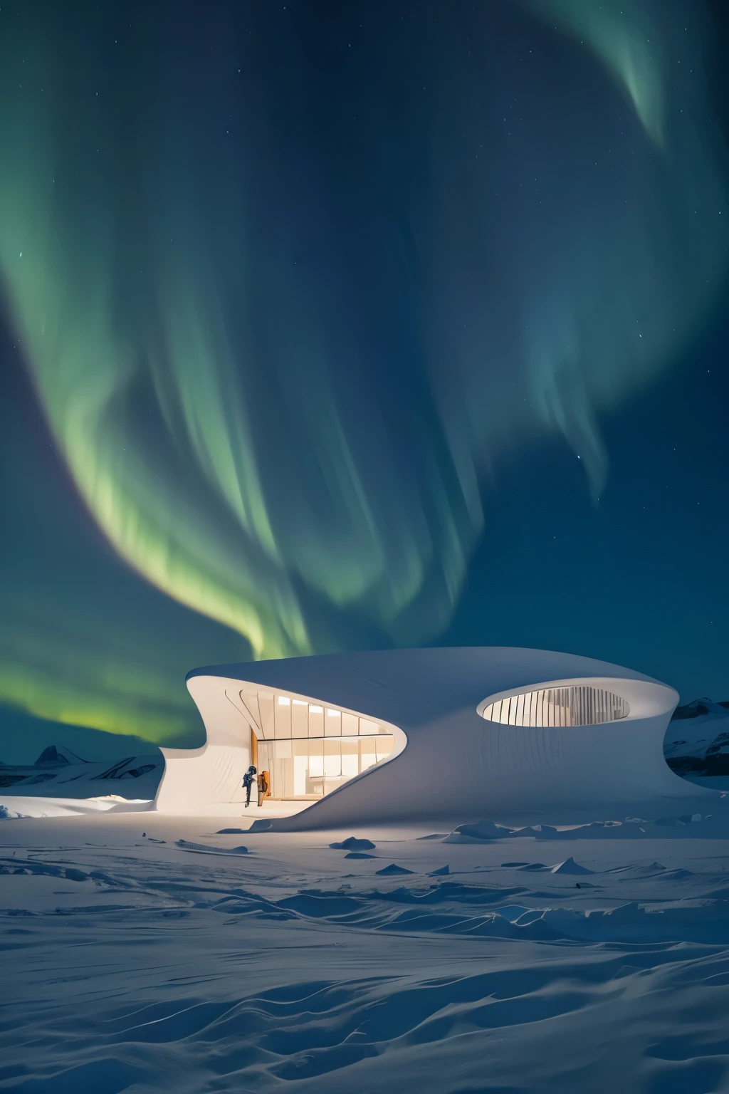Whale tail shaped building small architectural rendering design complex wide viewing angle Antarctic environment and snow in the sky with the Northern Lights