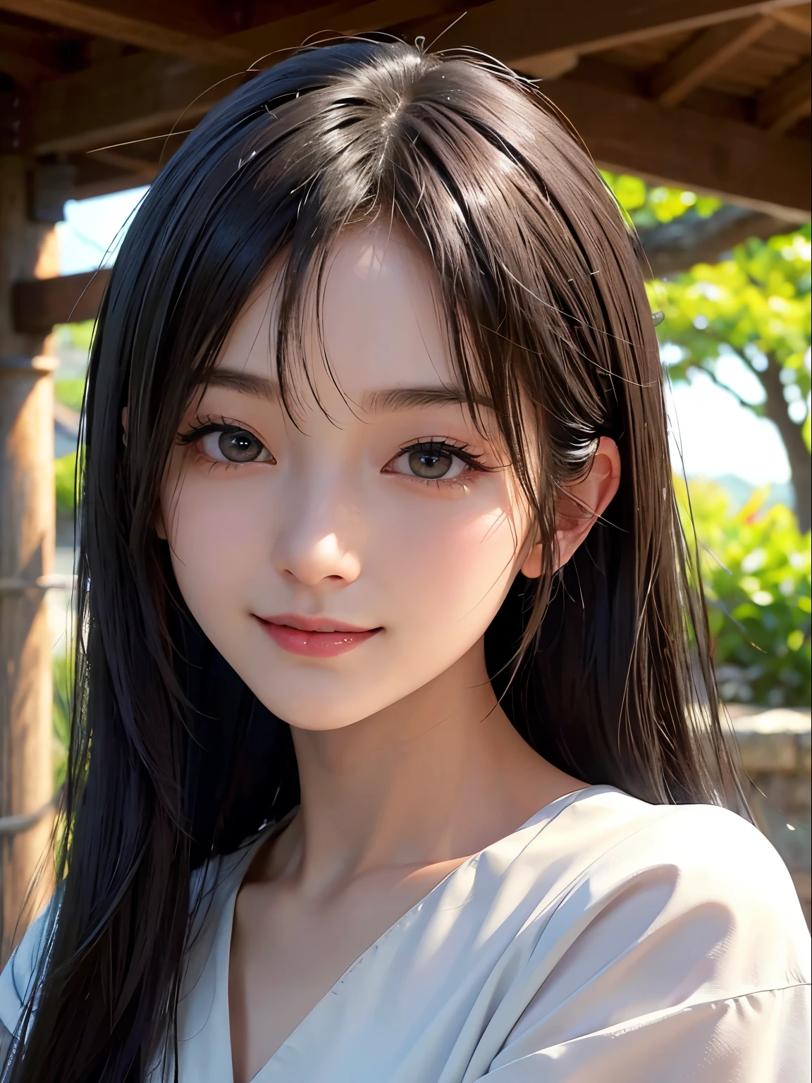 浅笑、natta、Raw photography、(((Portrait of extreme beauty)))、((glistning skin))、女の子1人、11 years old beautiful girl in Prague、Platinum blonde hair and black eyes、missing eye]、Glossy glossy skin、Black eyes、Silky long straight hair、eye liner、Long bangs、The hair between the eyes is hanging down、((​masterpiece、最hightquality、ultra-detailliert、Film Light、Smiling smile、intricate-detail、hight resolution、8K、ighly detailed))、细致背景、8K UHD、Digital SLR、Soft light、hightquality、Film grain、FujifilmXT3 、Shallow depth of field、natural soft light、（No hands）、Kamimei、Sareme、