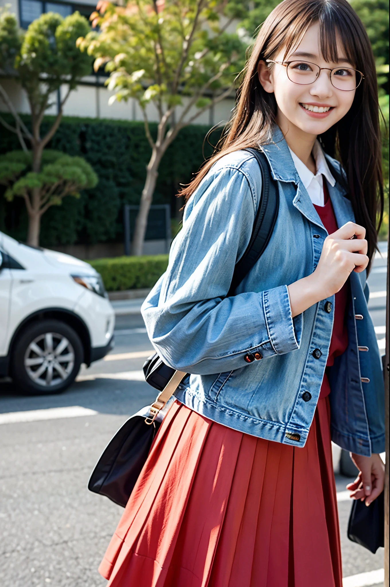 8K、Top image quality、masterpiece、夏天、Japan high school girl meets friends on her way to school。She grinned、winc.Red-rimmed glasses