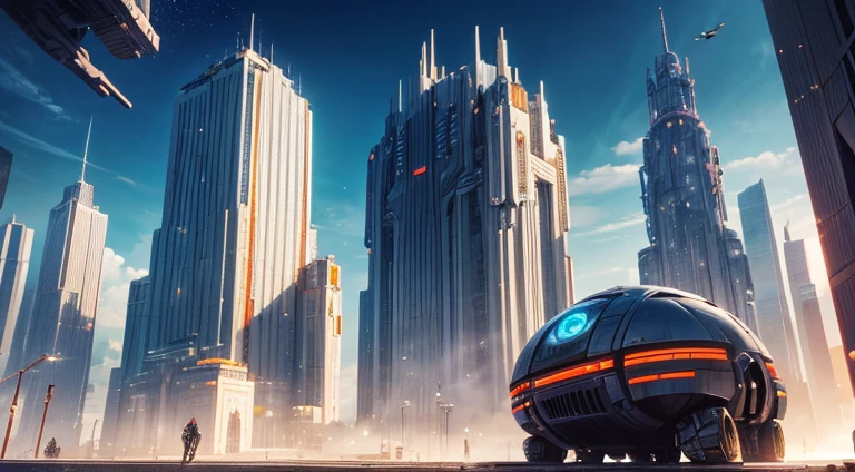 On an unknown planet lies a futuristic fantasy city with huge buildings of technological design (die eine unendliche Allee bilden), con estructuras acristaladas en plata, Gold- und Bronze-Spektakel, (con colores vivos). ENSOLADO Bodenbelag (Glanzlos). Menschen, die herumlaufen. (similar to Coruscant from Star Wars). Clearly defined image with many buildings together. Gestochen scharfes, gut definiertes 8K-Bild. The buildings rise high in the background.,8