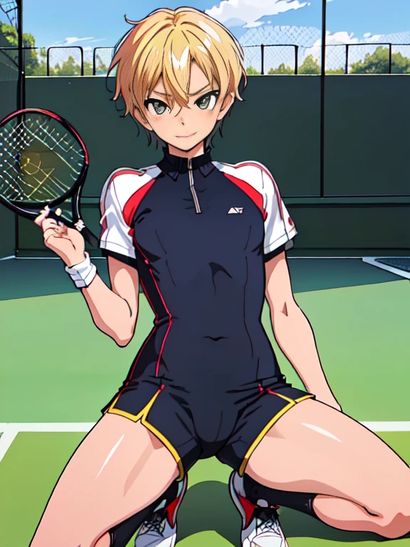 (((Official art,superfine illustration,hight resolution, masutepiece, best qualtiy,Best Quality:1.2))),detaileds,  (A **********),************, A young tennis idol with a super cute face.,beautiful young boy、 Standing, Cool handsome face with smile, blue soccer cleats, Long legs, thighs thighs thighs thighs, Foots, Bulge,  (Blonde hair、Shorthair 1.4)、Shiny hair, boy with sharp eyes, (tennis tight shiny training bodysuit), (tight soccer shorts), (Soccer Socks), tussock, Cool pose, (太いthighs thighs thighs thighs,Big buttocks),(((park tennis field)))、((cocky、))、Smirk、Spread legs,Ultra-fine painting, (Best Quality, 4K, 8K, hight resolution, masutepiece:1.2),