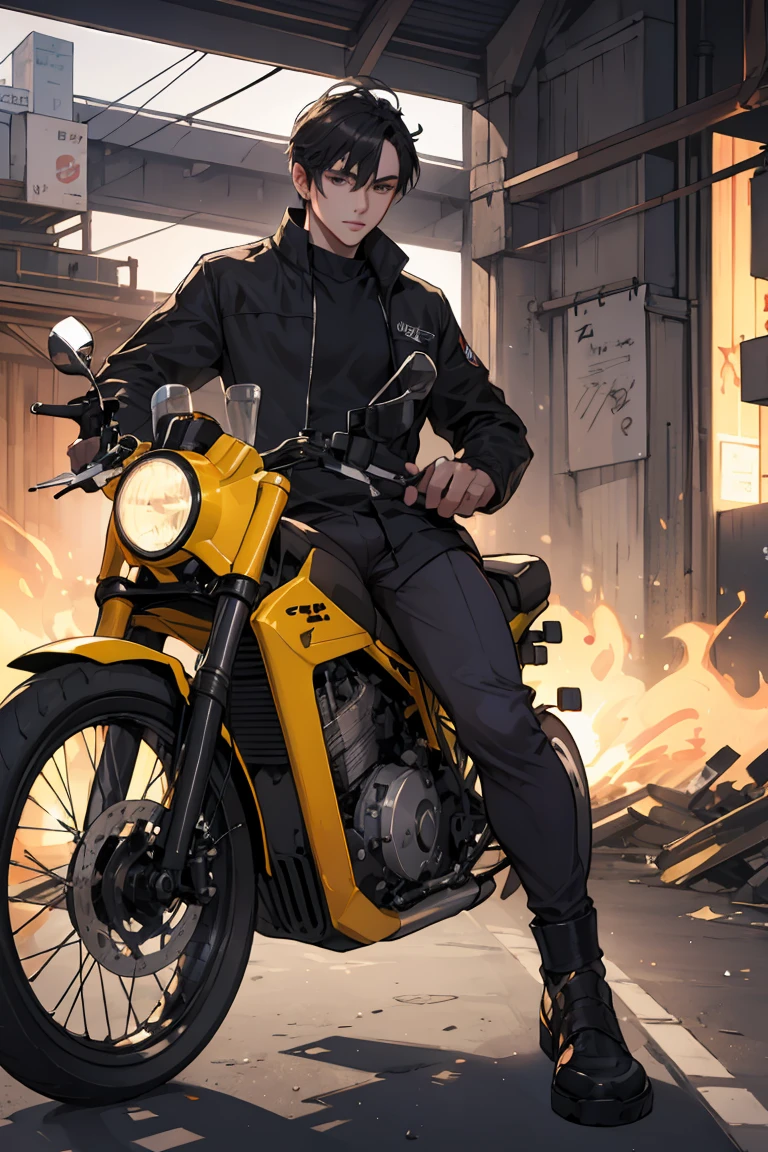 full body, whole body, head to toe, a man sitting on a dark color bike,