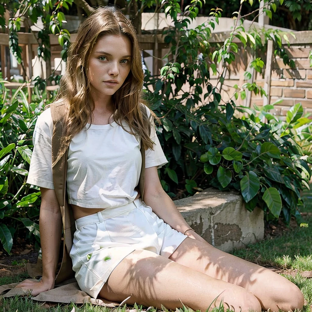 female supermodel sits on the grass. Brown coat, white T-shirt