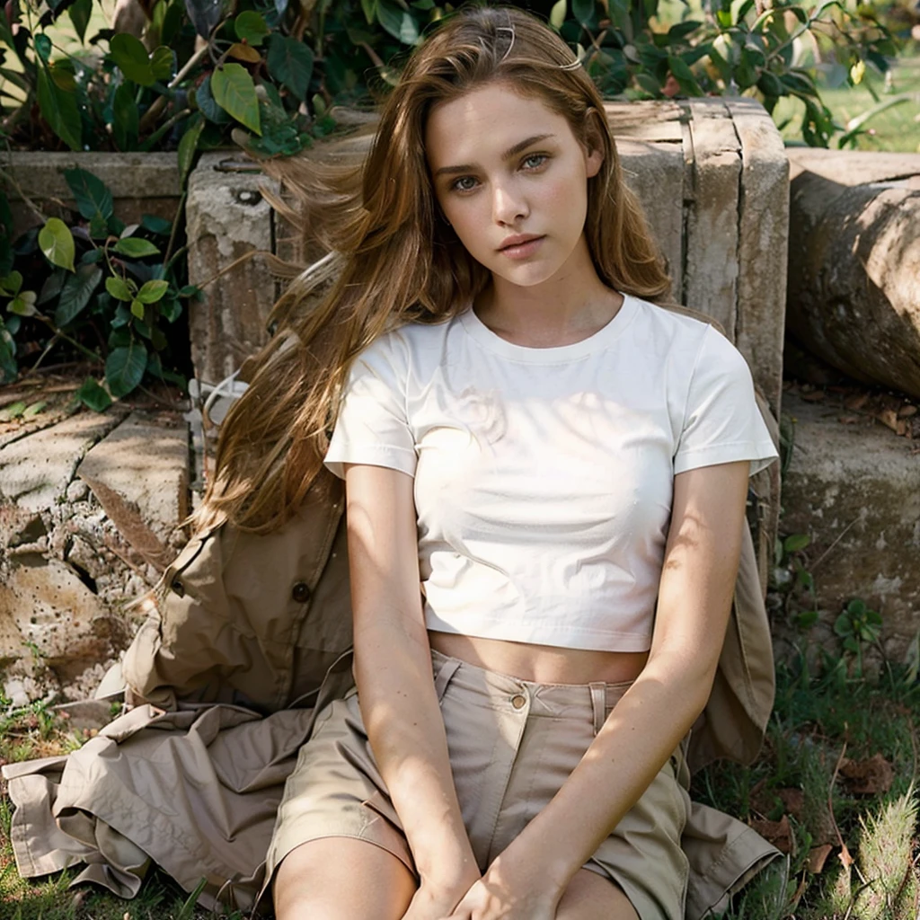 female supermodel sits on the grass. Brown coat, white T-shirt