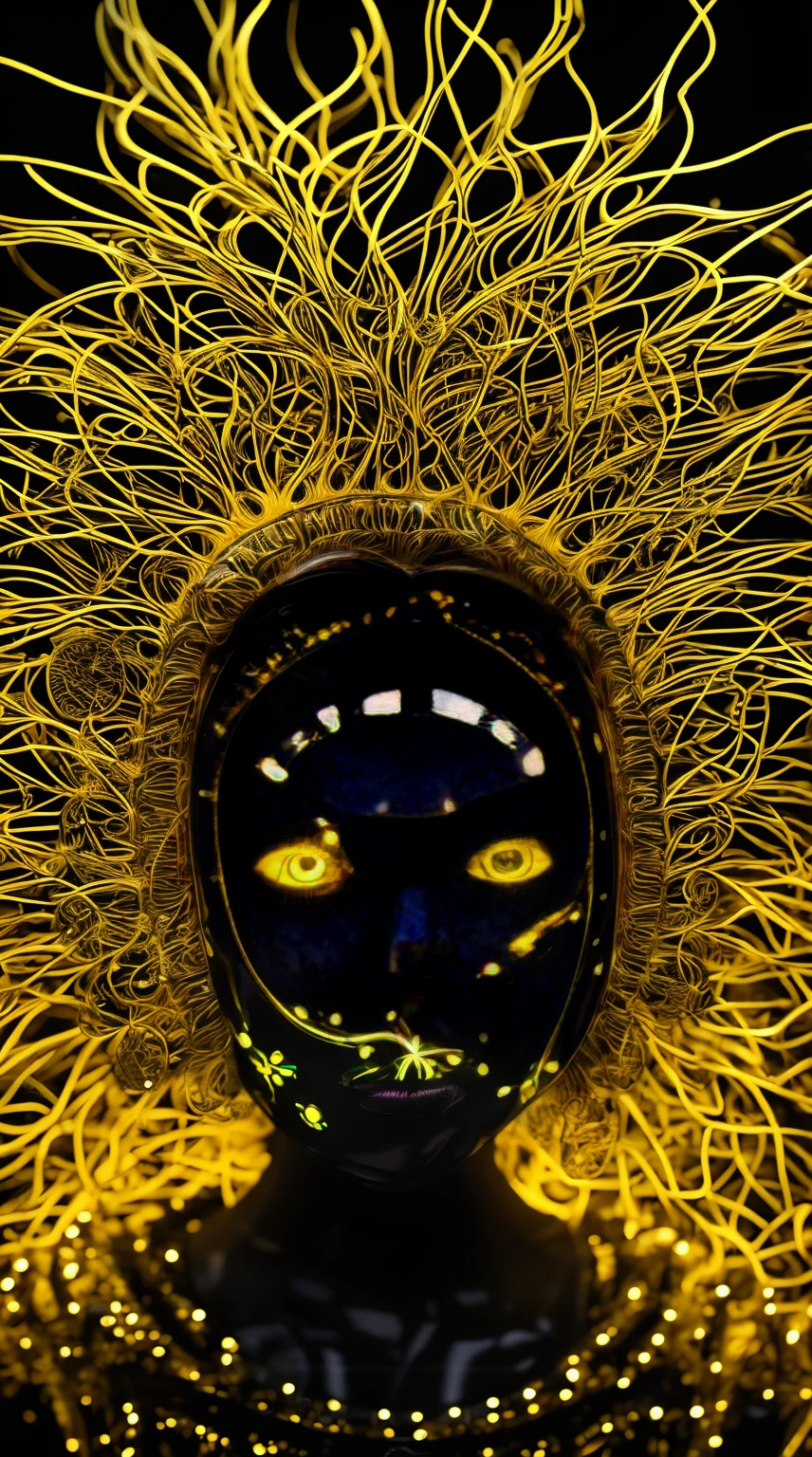 a close up of a person with a black body and yellow and black hair, detailed glowing head, glowing eyes!! intricate, afrofuturist, glowing head, face illuminated, surreal black and yellow, glowing yellow face, afro - futurist style, intricate artwork. neon eyes, neon jellyfish headdress, colorful ferrofluid armor, glowing face, alien flora and fauna