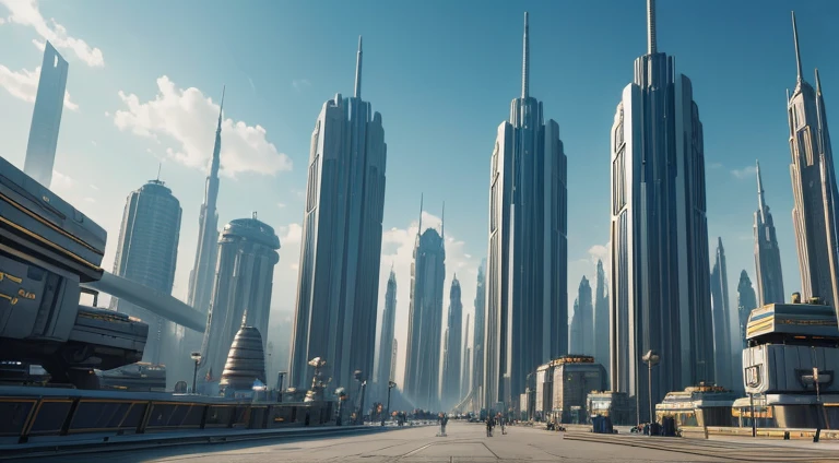 On an unknown planet lies a futuristic fantasy city with huge buildings of technological design (die eine unendliche Allee bilden), con estructuras acristaladas en plata, Gold- und Bronze-Spektakel, (con colores vivos). ENSOLADO Bodenbelag (Glanzlos). Menschen, die herumlaufen. (similar to Coruscant from Star Wars). Clearly defined image with many buildings together. Gestochen scharfes, gut definiertes 8K-Bild. The buildings rise high in the background.,8
