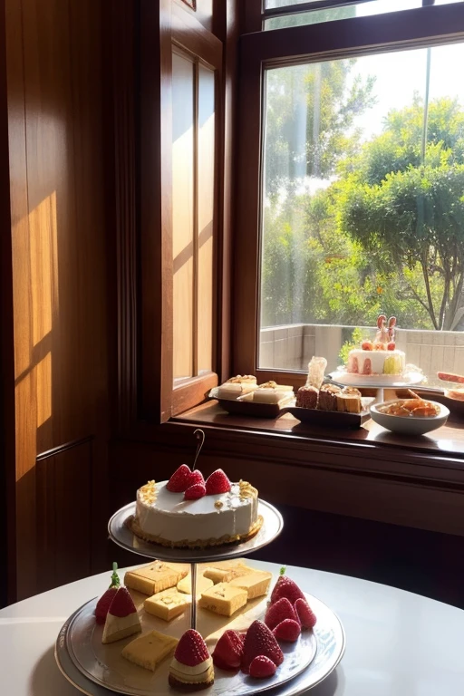 The background is a window，The sun shines through the window on the desserts，Dessert cake on tray