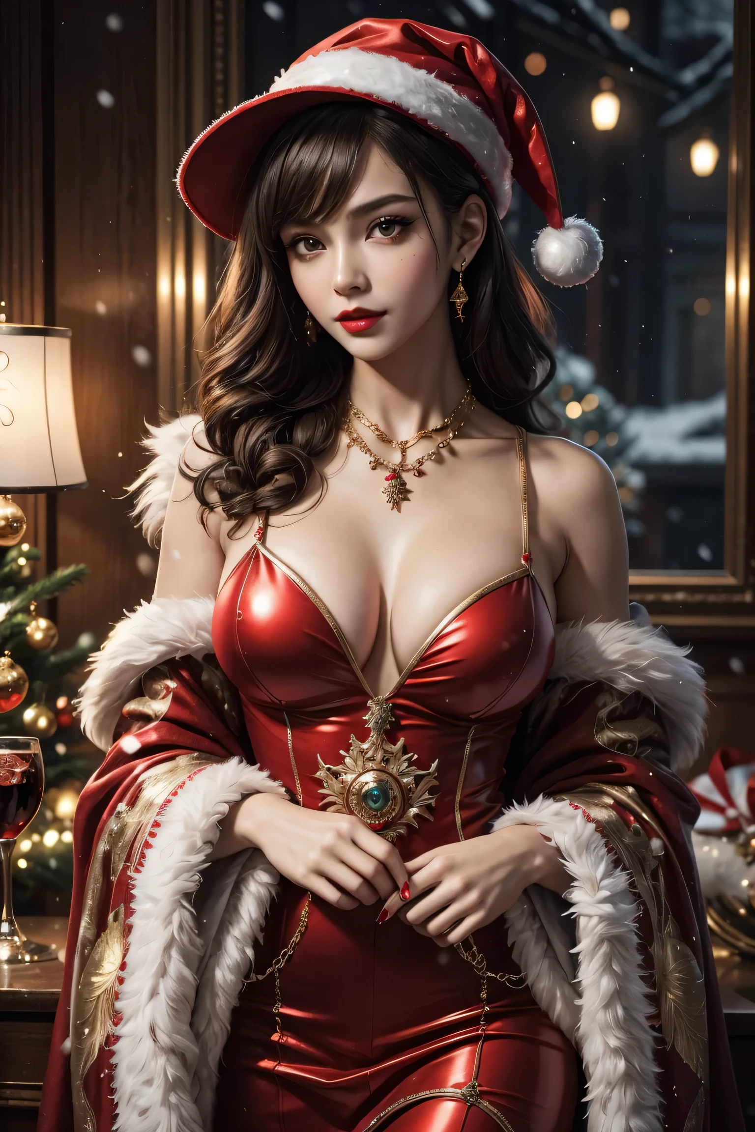 Beautiful black hair,short-cut,Aligned bangs,bright red lips,Red Eyes,de pele branca,Gothic dresses,An ultra-high picture quality,ultra-quality,masterpiece,Digital SLR,Photorealsitic,Detailed details,Vivid details,Depicted in detail,Detailed face,Detailed details,Super Detail,realistic skin textures,Based on anatomical grounds,perfect anatomia,Anatomically correct hand,Anatomically correct fingers,Complex 3D Rendering,Colossal tits,sexy pose,red sequin dress studded with gold,Red rose hat,Gift Ribbon,Red fur coat,Put it in a nice photo frame and display it,bright red claws,beautiful christmas scenery,mysterious snow scene,It's snowing,beautiful ilumination,Christmas tree,Picturesque beauty,Photograph the whole body,9 head body,Pink lip,Beautiful curly hair,Luxurious necklace,emphasize the beautiful whole body,Beautiful nails,Black bondage,Beautiful burning rose,High-leg T-back,