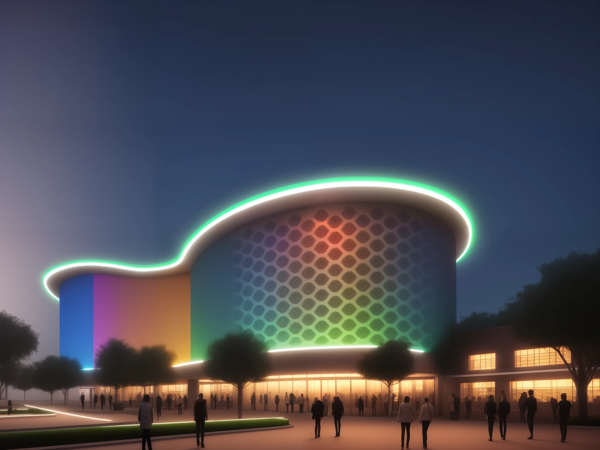 At night, the building is illuminated with colorful lights, 4k, realistic, smooth color transition