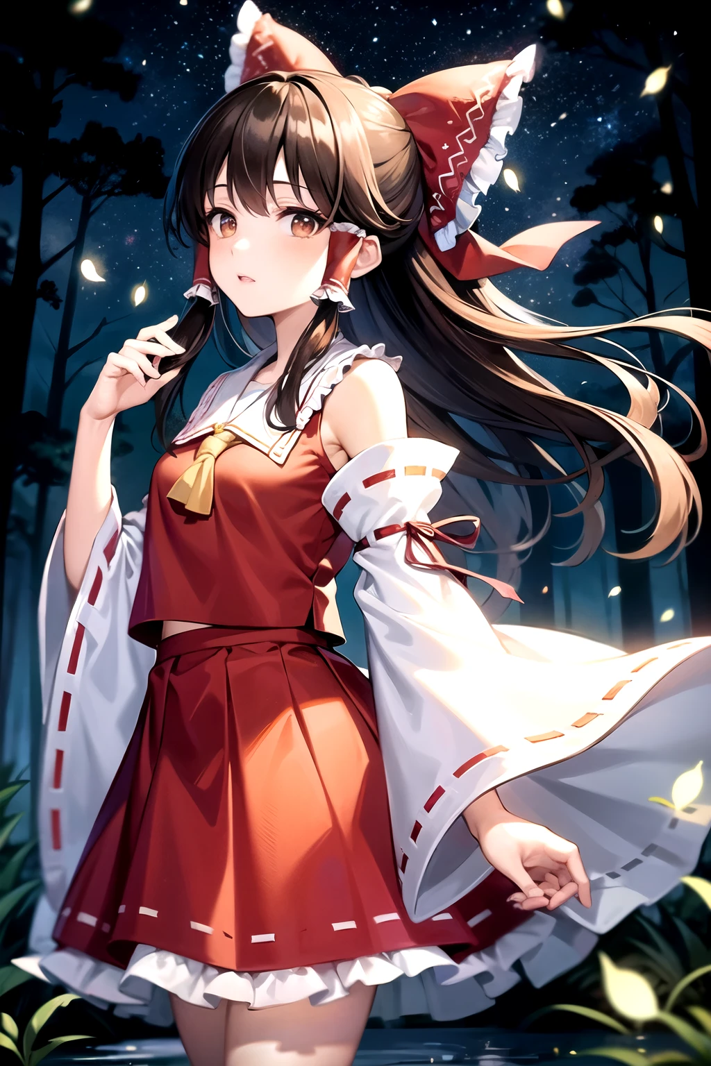 detailed background, masterpiece, best quality, 1girl, hakurei reimu, brown hair, hair tubes, hair ribbon, brown eyes, nontraditional miko, a forest full of purple and white trees, fireflies, water, purple theme, white theme, mystical, magical,