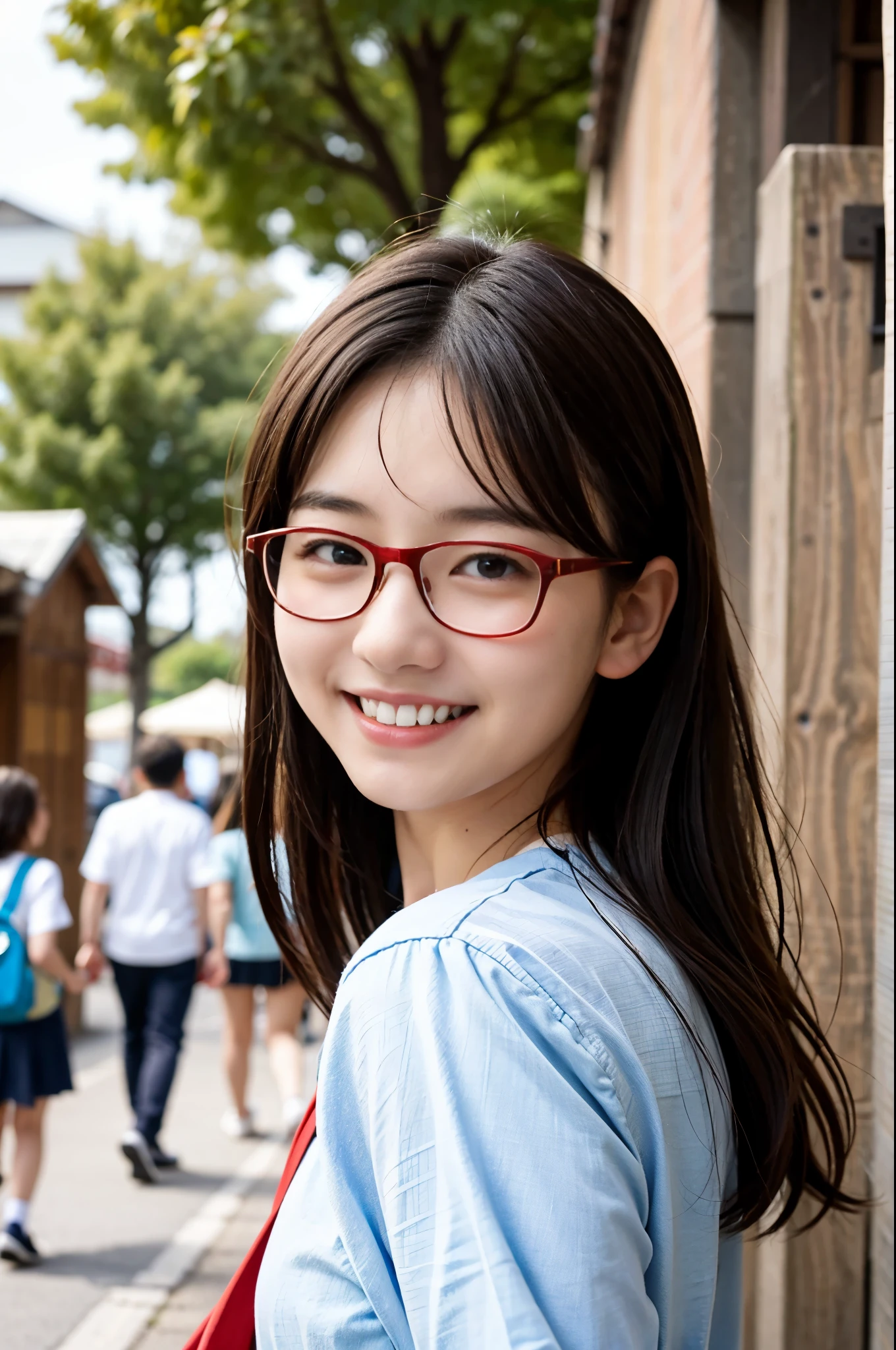 8K、Top image quality、masterpiece、夏天、Japan high school girl meets friends on her way to school。She grinned、winc.red round glasses、