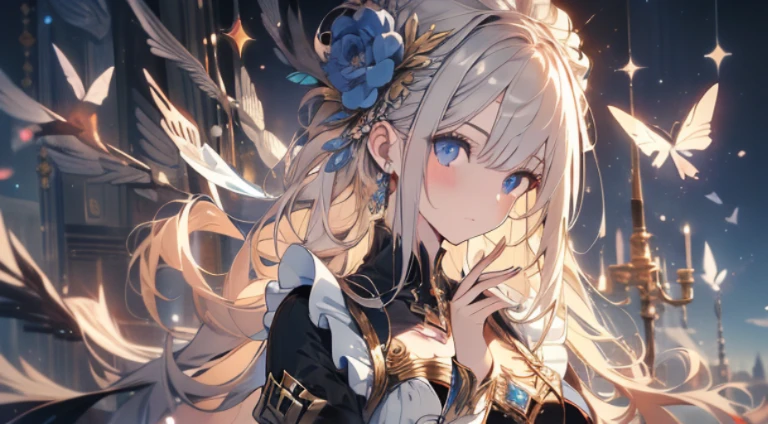 Official art, ヨーロッパのmasterpiece女性,, pale silver hair , Dark blue eyes, (masterpiece、top-quality、hight resolution: 1.4),in 8K, Anime Art Nouveau, highly detailed exquisite fanart, anime fantasy illustration, clean detailed anime art, detailed anime art, sharp focus of person, Delicate Beautiful Hair and Eyes and Face, realisitic, ultra-detailliert, Flower Garden,((Delicate, detailed and cute hands)),((elegant shiny dress)),((Lots of races)),((lots of ruffles)),((lots of ribbons))