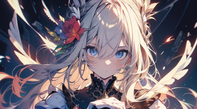 Official art, ヨーロッパのmasterpiece女性,, pale silver hair , Dark blue eyes, (masterpiece、top-quality、hight resolution: 1.4),in 8K, Anime Art Nouveau, highly detailed exquisite fanart, anime fantasy illustration, clean detailed anime art, detailed anime art, sharp focus of person, Delicate Beautiful Hair and Eyes and Face, realisitic, ultra-detailliert, Flower Garden,((Delicate, detailed and cute hands)),((elegant shiny dress)),((Lots of races)),((lots of ruffles)),((lots of ribbons))