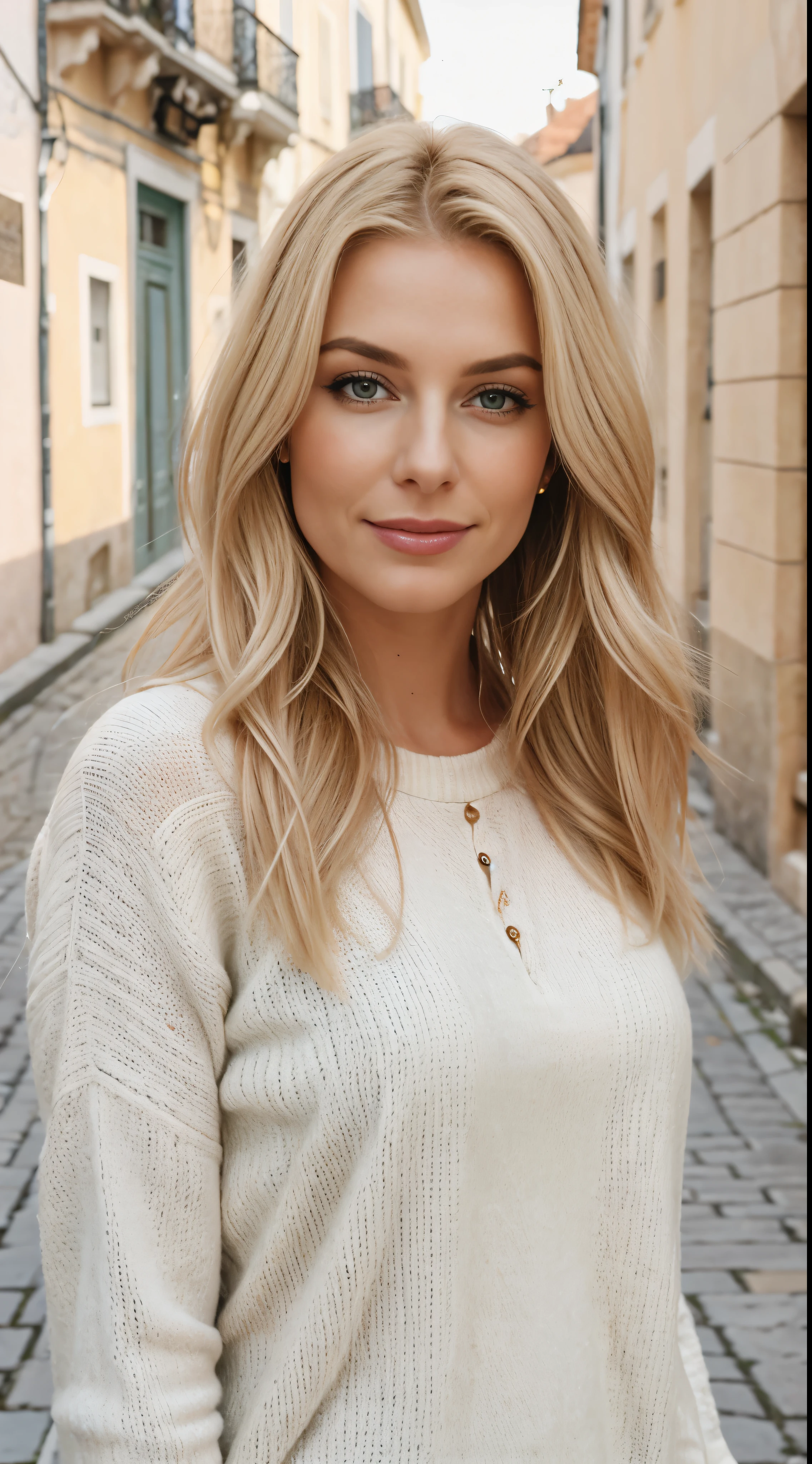 __hair color_blonde_, mulher Europeia, longos cabelos, fundo da cidade de Lisboa, inverno, profissional, 4K, HD, UHD, 8K, alto detalhe, Ultra Definition