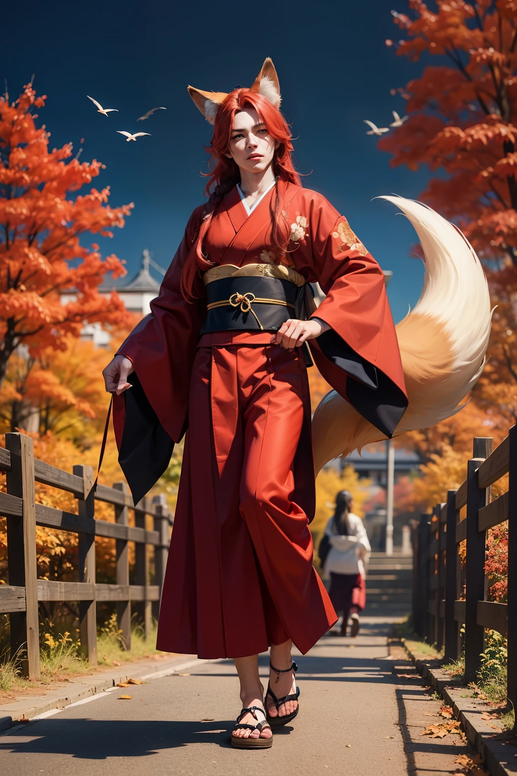 Handsome man, long red hair, male, with fox ears, kitsune, three tails, wearing a Japanese kimono, full body, autumn background, male, 8k , 18 years old, male