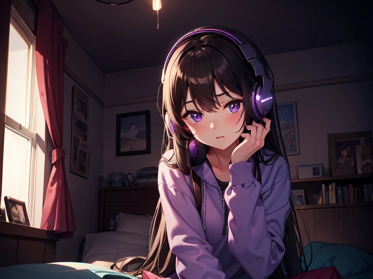 Best quality, Masterpiece, Girl listening to music in cozy room at night, Use black headphones, Lo Fi, brown long hair, purple eyes, sitting in a bed, 4K,