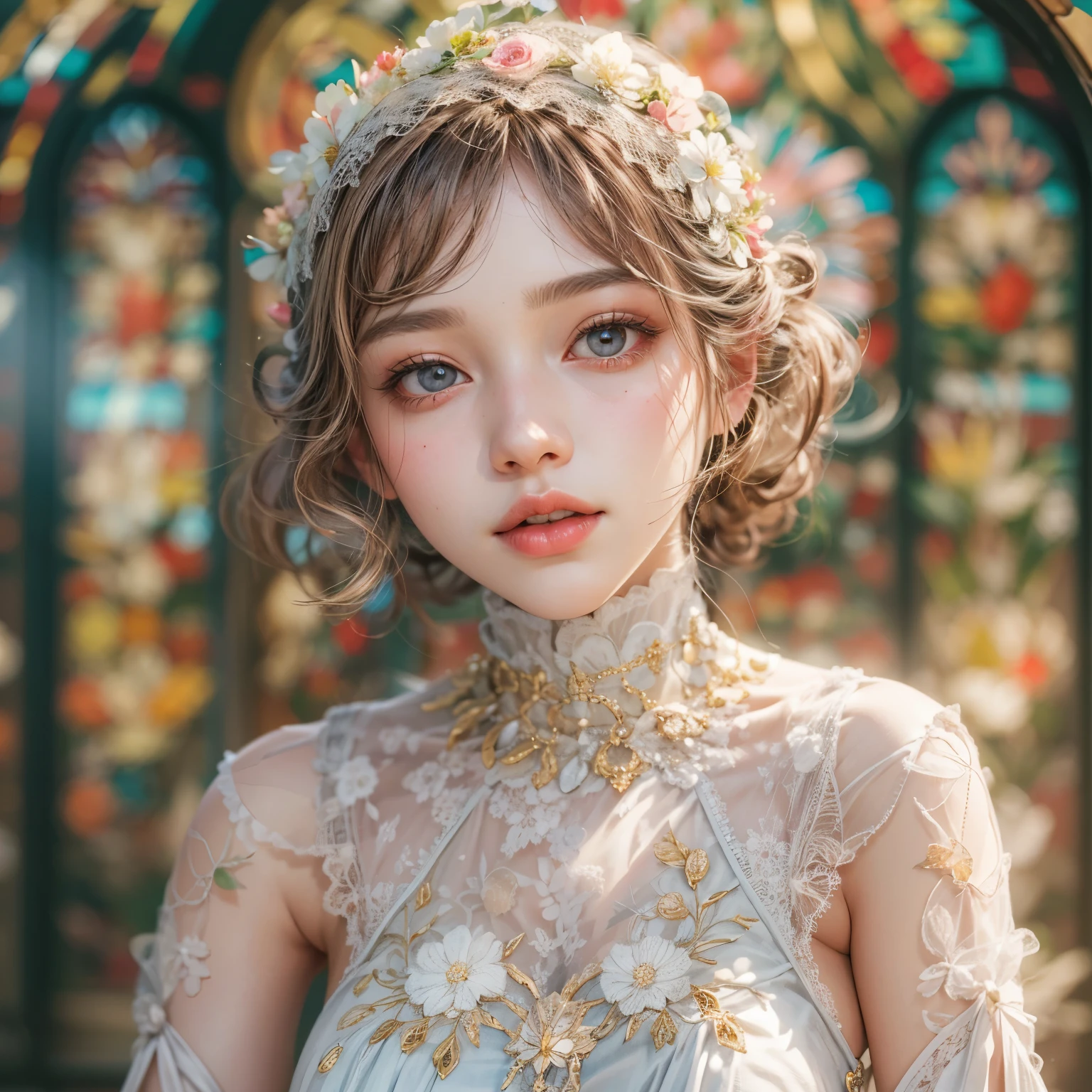 (SFW, Exposed:1.2), concept art, Tiny junior idol, Delicate lace knitted white clothes, (nipple:-0.9), (face closeup, (Dazzling stained glass Background)), (((Renbutsu Misako), vivid colorful Light shines through delicate stained glass:1.35, Dazzling Halo, Acutance:0.8)), {vivid red |Mystic sight | haze | lense Particle | lens flare | light Particle | body crotch}. (masterpiece:1.2),(ultra-detailed:1.37),((realistic,photorealistic,photo-realistic:1.37)), (Extremely detailed KAWAII face variations, innocent expression variations), {rosy cheeks | intricate detailed eyes with sparkling highlights | long eyelashes with volume | subtle blush on the face}. impeccable skin texture, captivating gaze, ((Dynamic-angle, physically-based rendering)), whole Body proportions and all limbs are anatomically accurate . full of flowers covering girl's body .