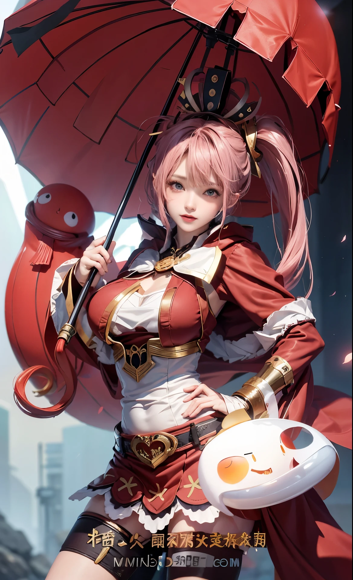((best qualtiy, 8k, tmasterpiece :1.3)), full bodyesbian, long leges, Sharp focus :1.2, A beautiful woman with a perfect figure :1.4, Slender abs :1.1, ((A pink-haired, humongous large breast :1.2)), (Red coat,short red dress,White T-shirt), Highly Detailed Face and Skin Textur, Brown eyes,美丽细致的眼睛, 二重まぶた,ssmile,sunny clear sky,profesional lighting,フォトンマッピング,ラジオシティ,physically-based renderingt,(paleskin:1.2), looking at viewert,brightskin,Shoot in front of the light,red umbrella,Transparent ghost