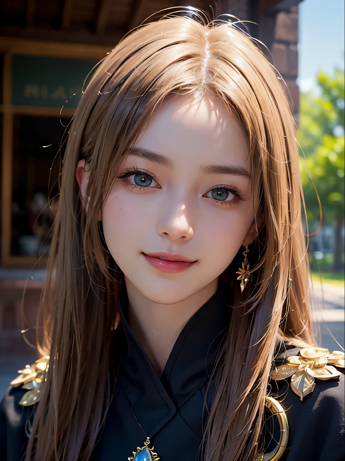 浅笑、natta、Raw photography、(((Portrait of extreme beauty)))、((glistning skin))、1人、11 autiful girl in Prague、platinum blonde hair and black eyes、Missing Eye]、Glossy glossy skin、Black eyes、Silky long straight hair、eye liner、Long bangs、The hair between the eyes is hanging down、((​masterpiece、最hightquality、ultra-detailliert、Film Light、Smiling smile、intricate-detail、hight resolution、8K、ighly detailed))、细致背景、8K UHD、Digital SLR、Soft light、ultra realistic digital painting、very realistic digital art、Photorealistic Digital Painting Photorealistic Beautiful Face、ultrarealistic digital art、hightquality、Film grain、FujifilmXT3 、Shallow depth of field、natural soft light、（No hands）、Kamimei、Sareme、