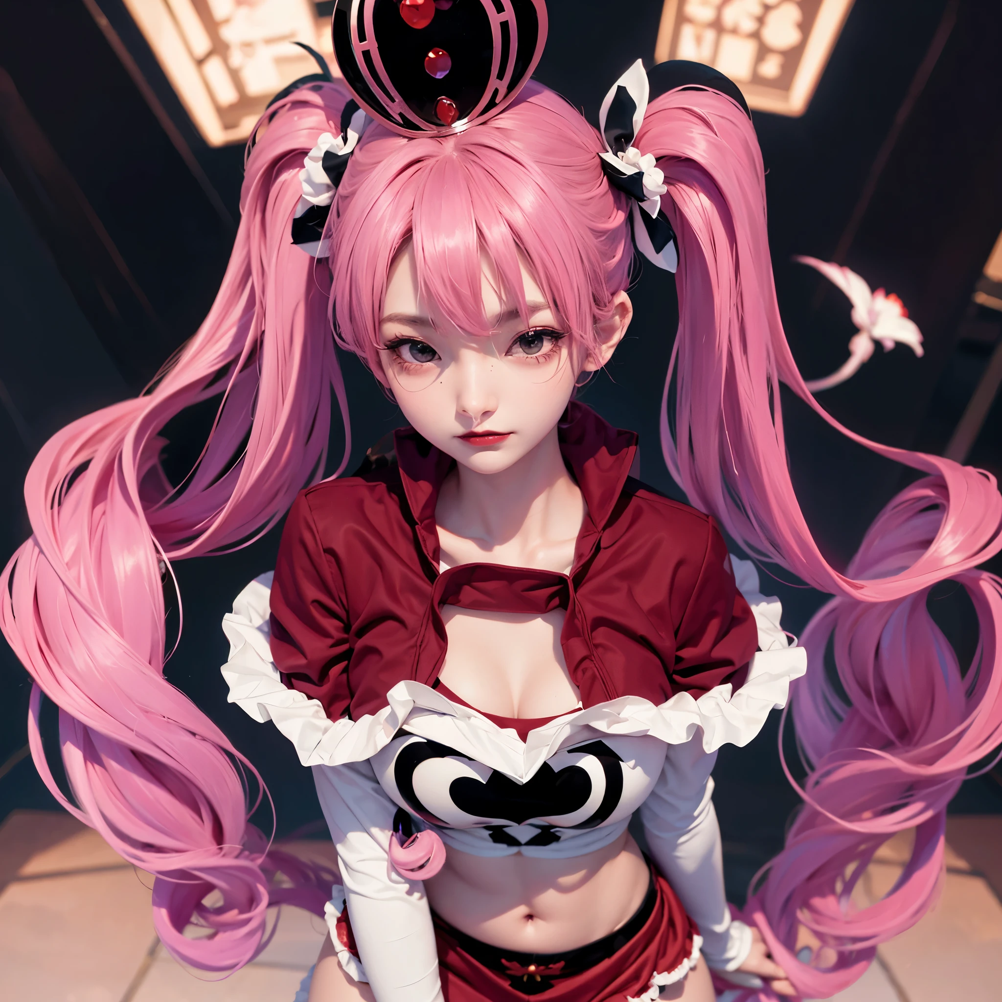 Perona Chen, 1个Giant Breast Girl, with pink hair, 黑The eye, bluntbangs, Drill your hair, red lip stick, dual horsetail, diadems, black and white stockings, Red boots, red shawl, Sleeve white shirt, reddress, diaphragm, perfect anatomia, Alone, 1个Giant Breast Girl and 1boy kabedon pov, hands on own chest