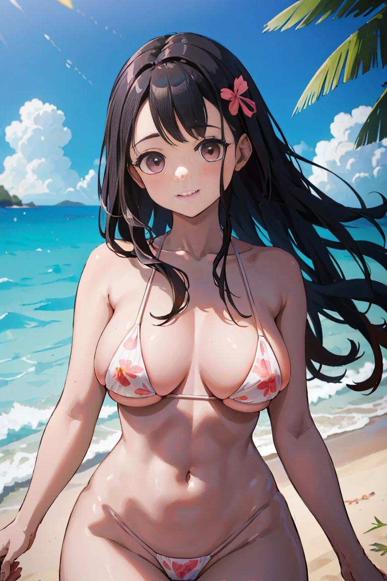beautiful young woman with,perfect body and beautiful big eyes, perfectly slim and thick body, short and wavy hair, shairband, micro bikini with delicate print, Playing on the beach, tropical island, Happy, gently smiling, Open, face perfect, Muted Tones, Atmospheric, Clean lines, Convoluted, ultra-detailliert, Realistis, 8K、(vulvashaped、Manstreak、Nipple Pochi、Naked、)、