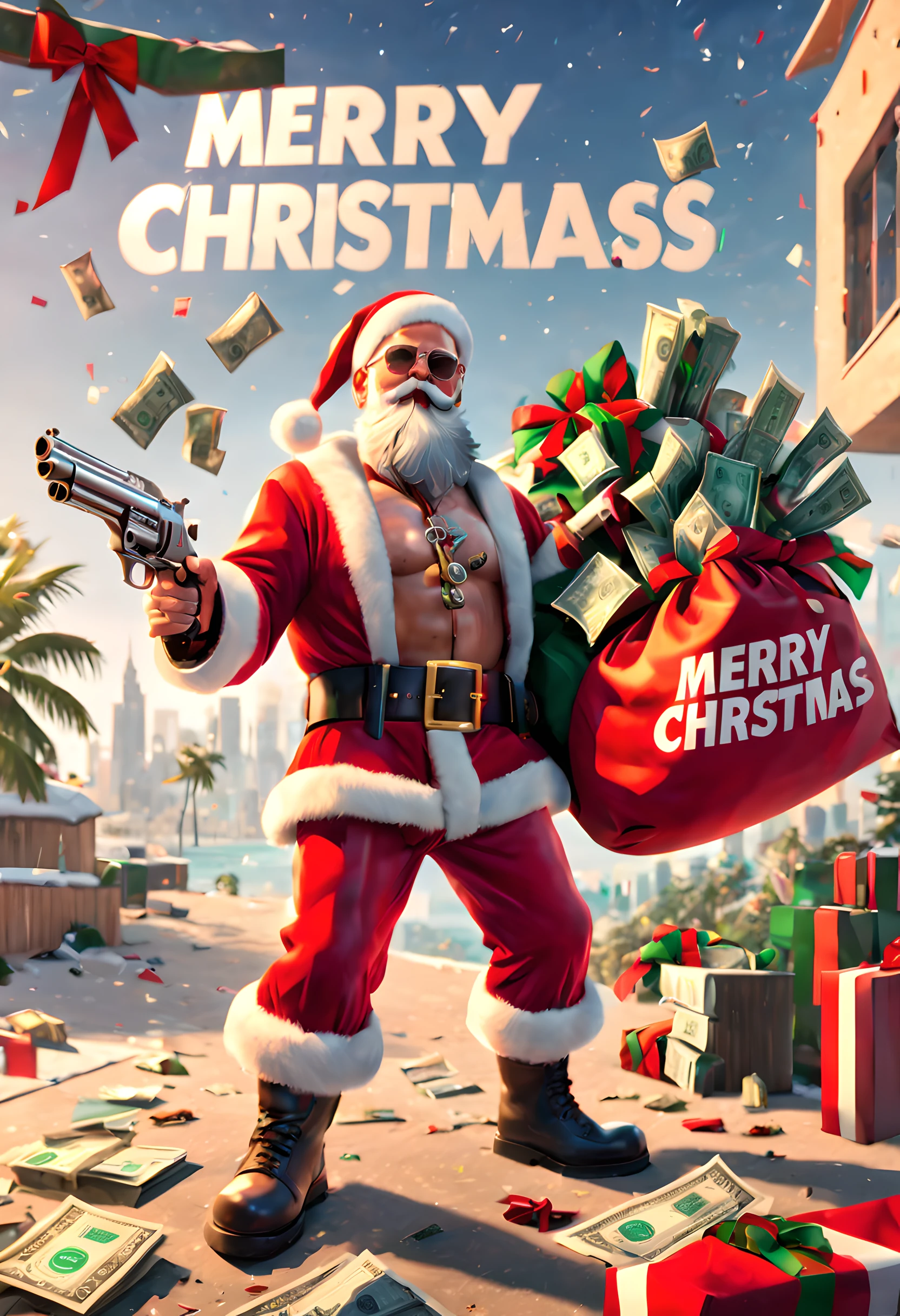extremly intricate, tmasterpiece, Best quality at best, Award-Awarded,Alone,Santa Claus holding silver revolver，Money falls from the sky，banknotes, ((Dollar)), GTA style text"Merry Christmas",Grand Theft Auto screenshots,Unreal Engine5,Miami《GTA》 play, Black gym bag decorated with red bow，地上装满了banknotes,lar santa