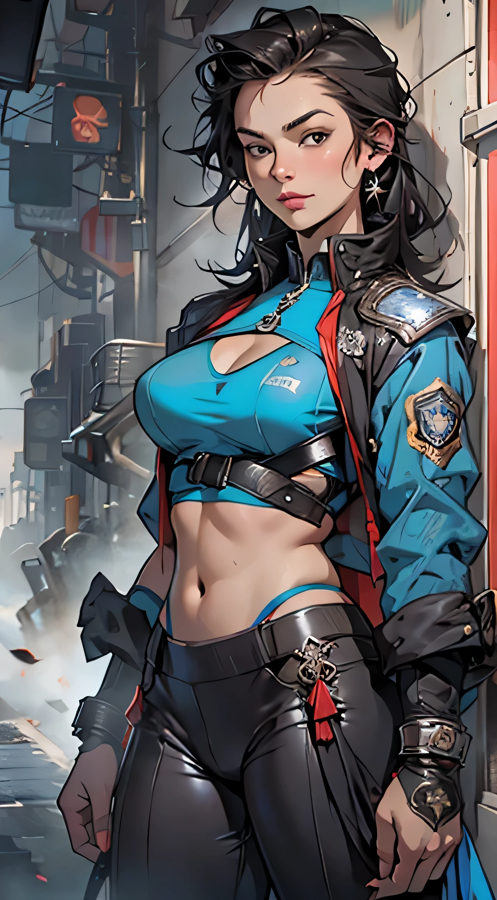 11:23(((Best quality at best: 1.4))),(Unbeatable masterpiece), (hyper HD),(Hyper-realistic 8k CG)、(dark colored hair) ((( body))), (((1 girl in))), 25-year-old American soldier with perfect body,,Beautiful and well-groomed face,muscular body:1.2,Solid royal blue jacket with details, (Pictures from head to thighs), Complex equipment, royal blue,long trousers,The clothes inside are dark,Clothes with armored metal electronic parts, Poison tattoos )