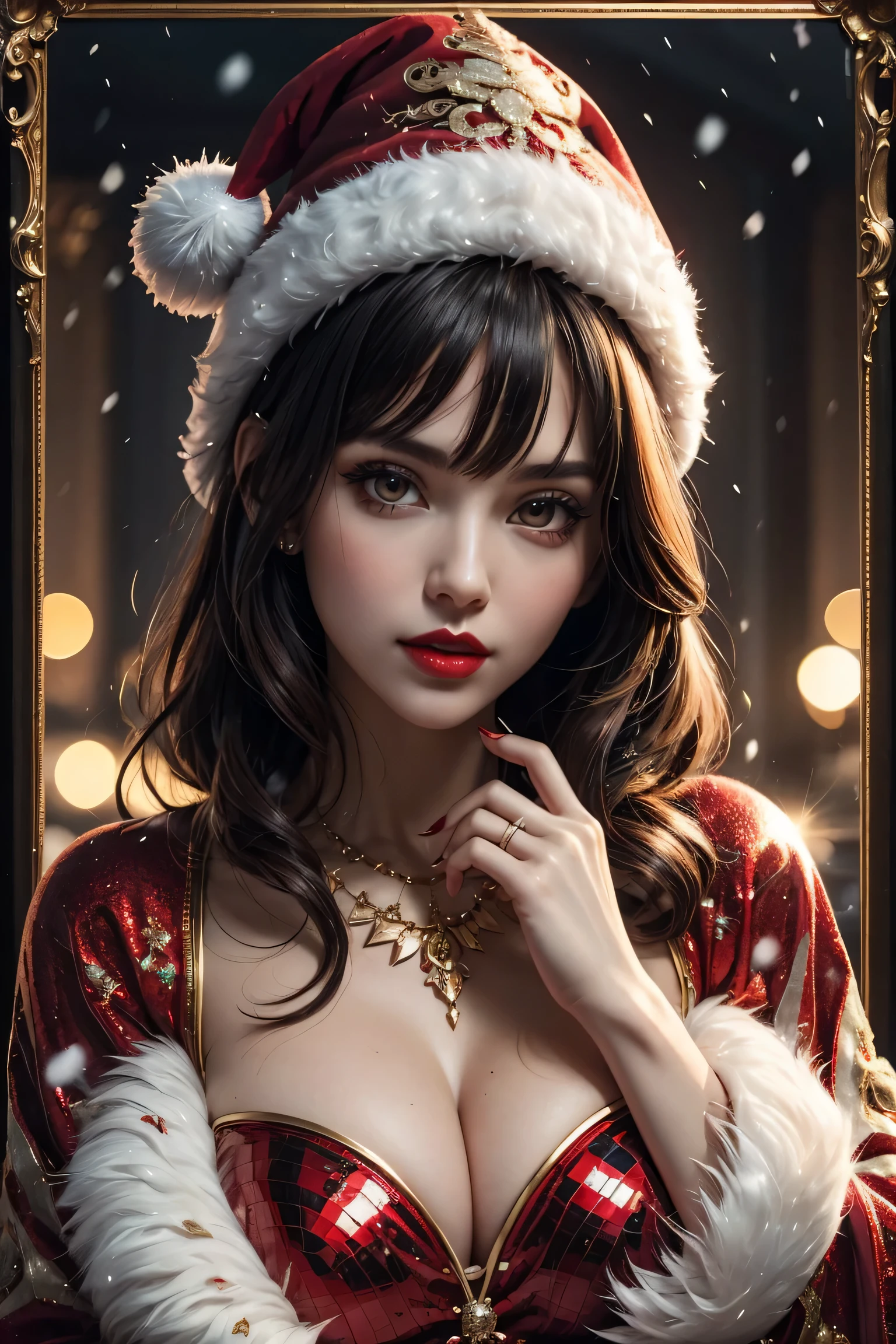 Beautiful black hair,short-cut,Aligned bangs,bright red lips,Red Eyes,de pele branca,Gothic dresses,An ultra-high picture quality,ultra-quality,masterpiece,Digital SLR,Photorealsitic,Detailed details,Vivid details,Depicted in detail,Detailed face,Detailed details,Super Detail,realistic skin textures,Based on anatomical grounds,perfect anatomia,Anatomically correct hand,Anatomically correct fingers,Complex 3D Rendering,Colossal tits,sexy pose,red sequin dress studded with gold,Red rose hat,Gift Ribbon,Red fur coat,Put it in a nice photo frame and display it,bright red claws,beautiful christmas scenery,mysterious snow scene,It's snowing,beautiful ilumination,Christmas tree,Picturesque beauty,Photograph the whole body,9 head body,Pink lip,Beautiful curly hair,Luxurious necklace,emphasize the beautiful whole body,Beautiful nails,Black bondage,Beautiful burning rose,High-leg T-back,