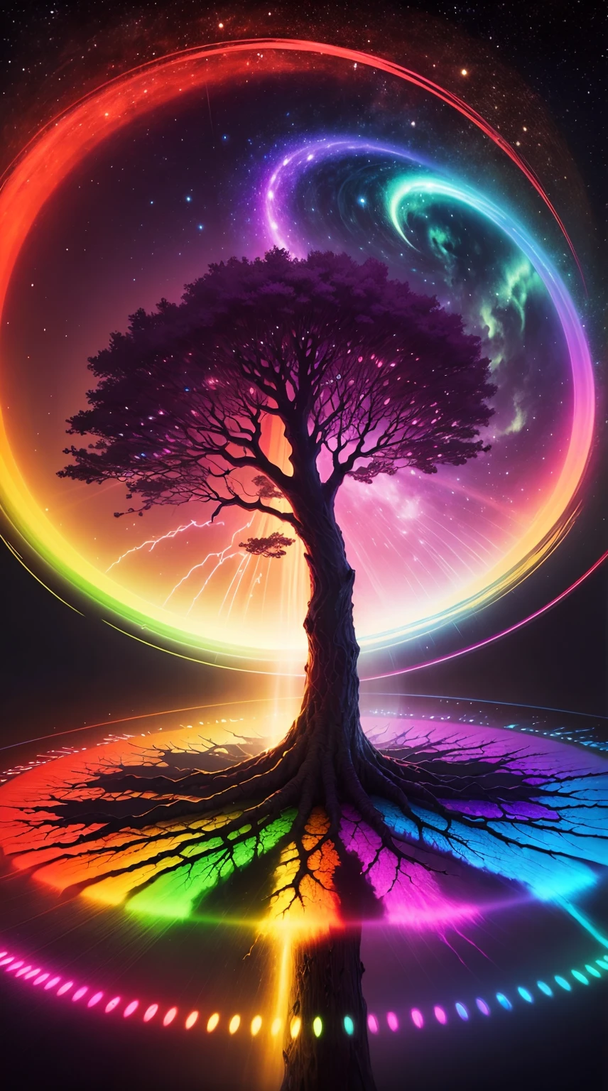 a rainbow colored tree in the middle of a circle with a bright light, colorful aura, cosmic tree of life, cosmic tree, ethereal rainbows, mystical colors, beautiful spectrum of vibrancy, rainbow aurora, magical tree, cosmic and colorful, magical colors and atmosphere, rainbow reflection, magical colours and atmosphere, magic world. colorful, rainbow lighting, colorful picture, colorful glow